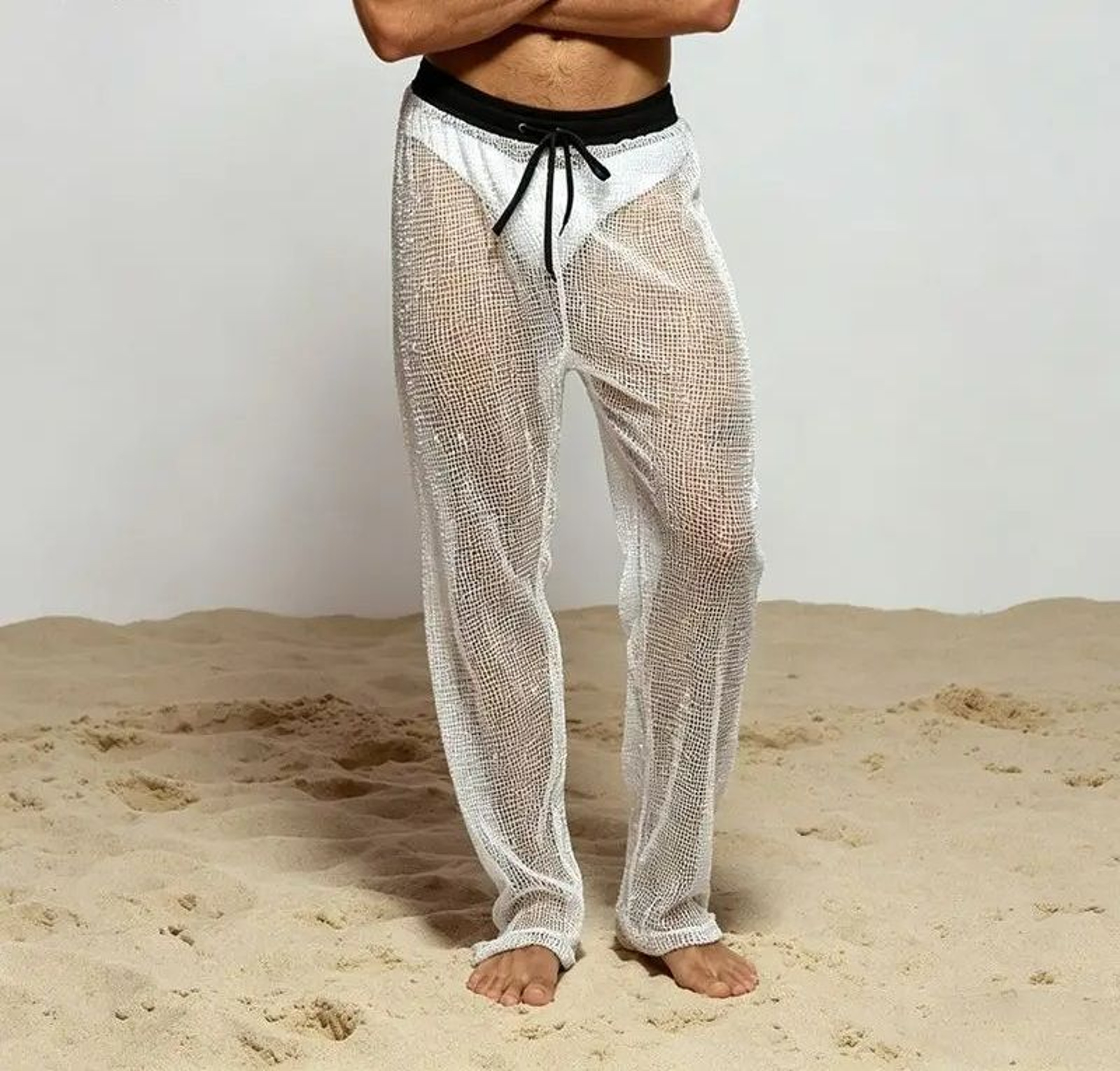 Mens Mesh Patchwork Drawstring Jogger Pants 1