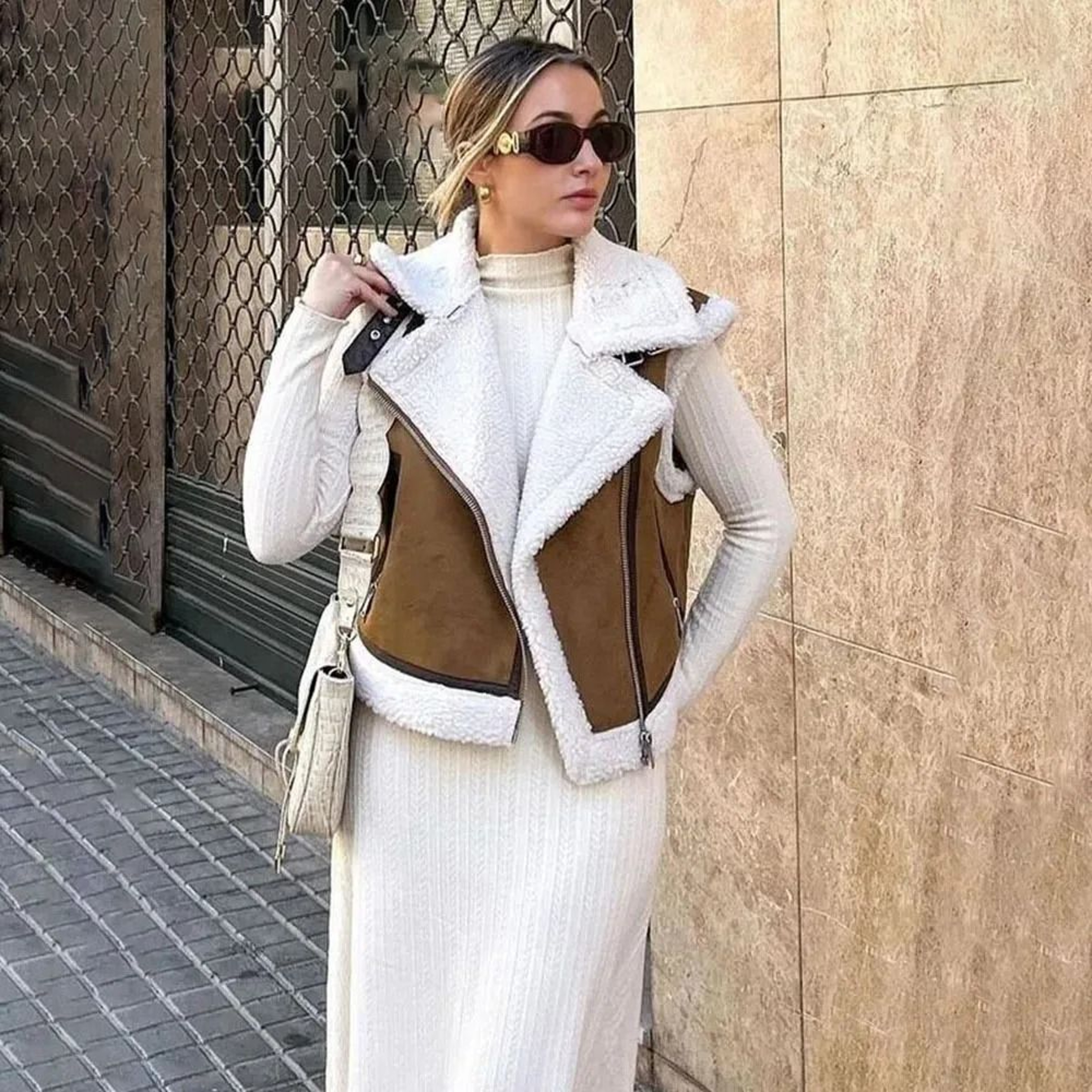 Womens Faux Leather Lambswool Patchwork Warm Vest Coat 0