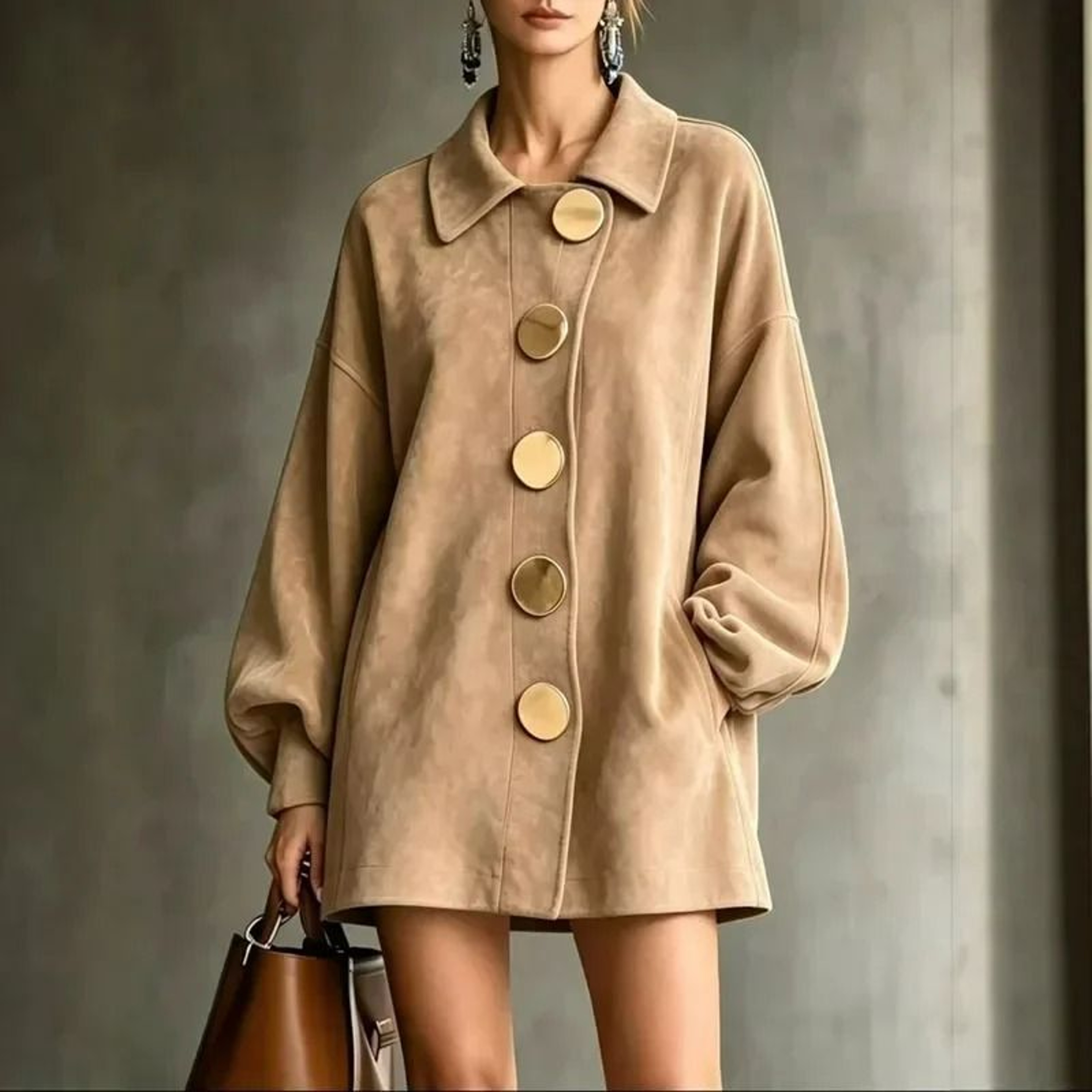 Womens Faux Suede Lantern Sleeve ButtonFront Shirt Coat 16