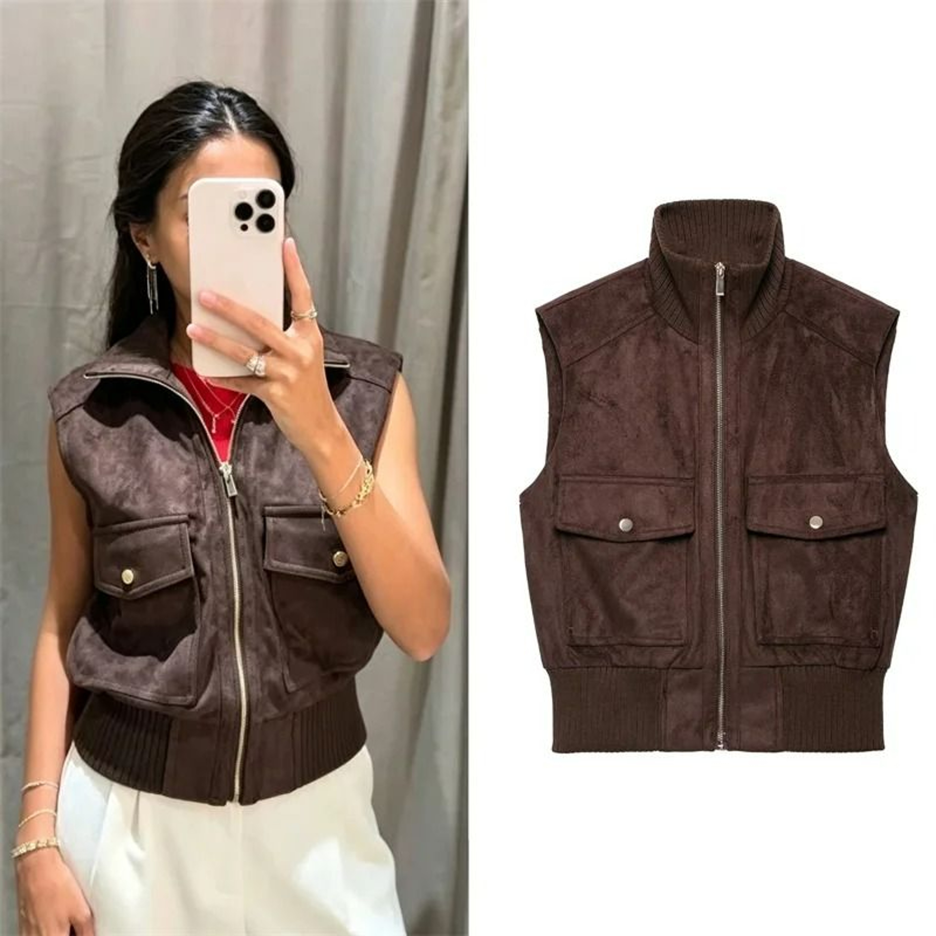 Womens SuedeTexture Stand Collar ZipUp Vest 0