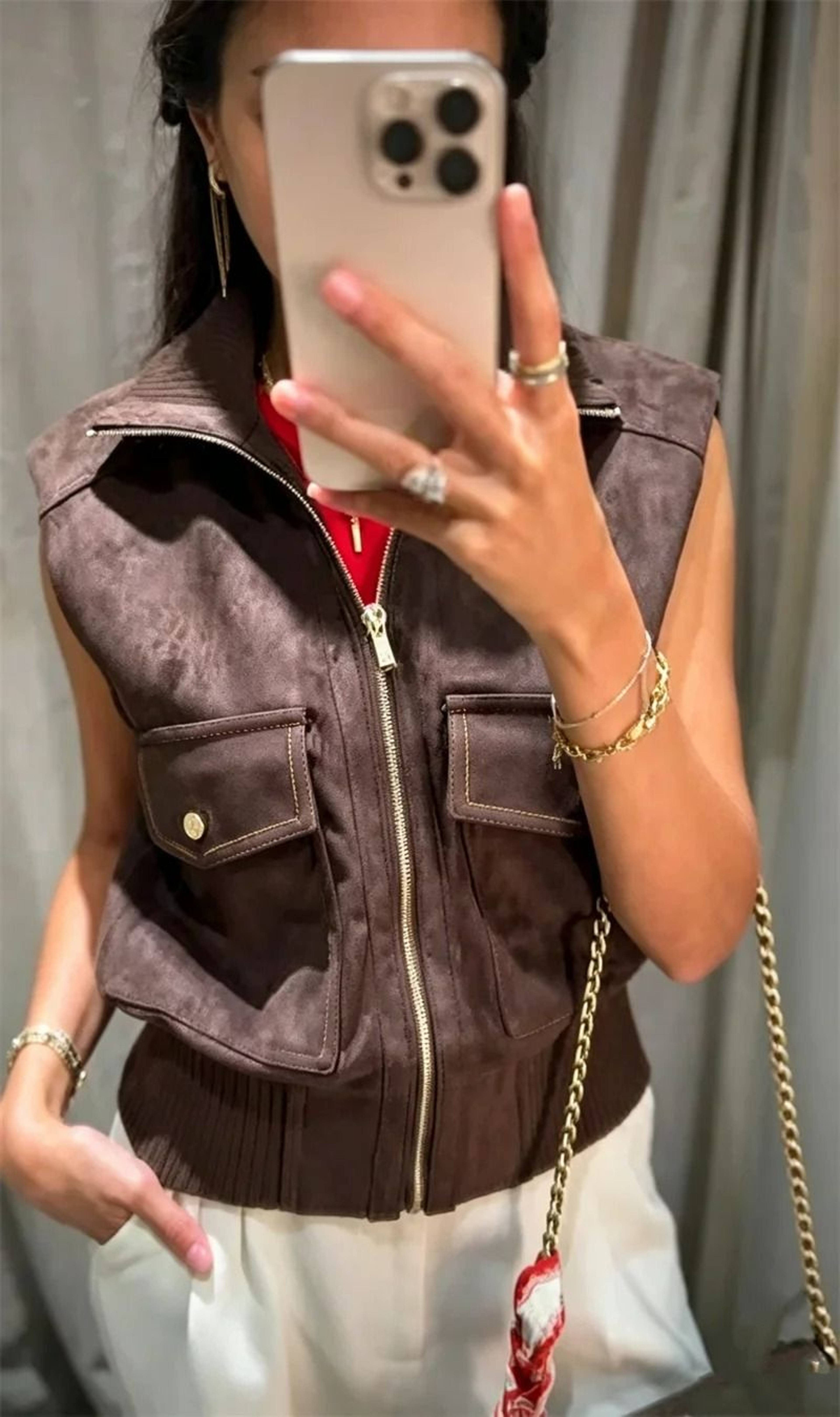 Womens SuedeTexture Stand Collar ZipUp Vest 3