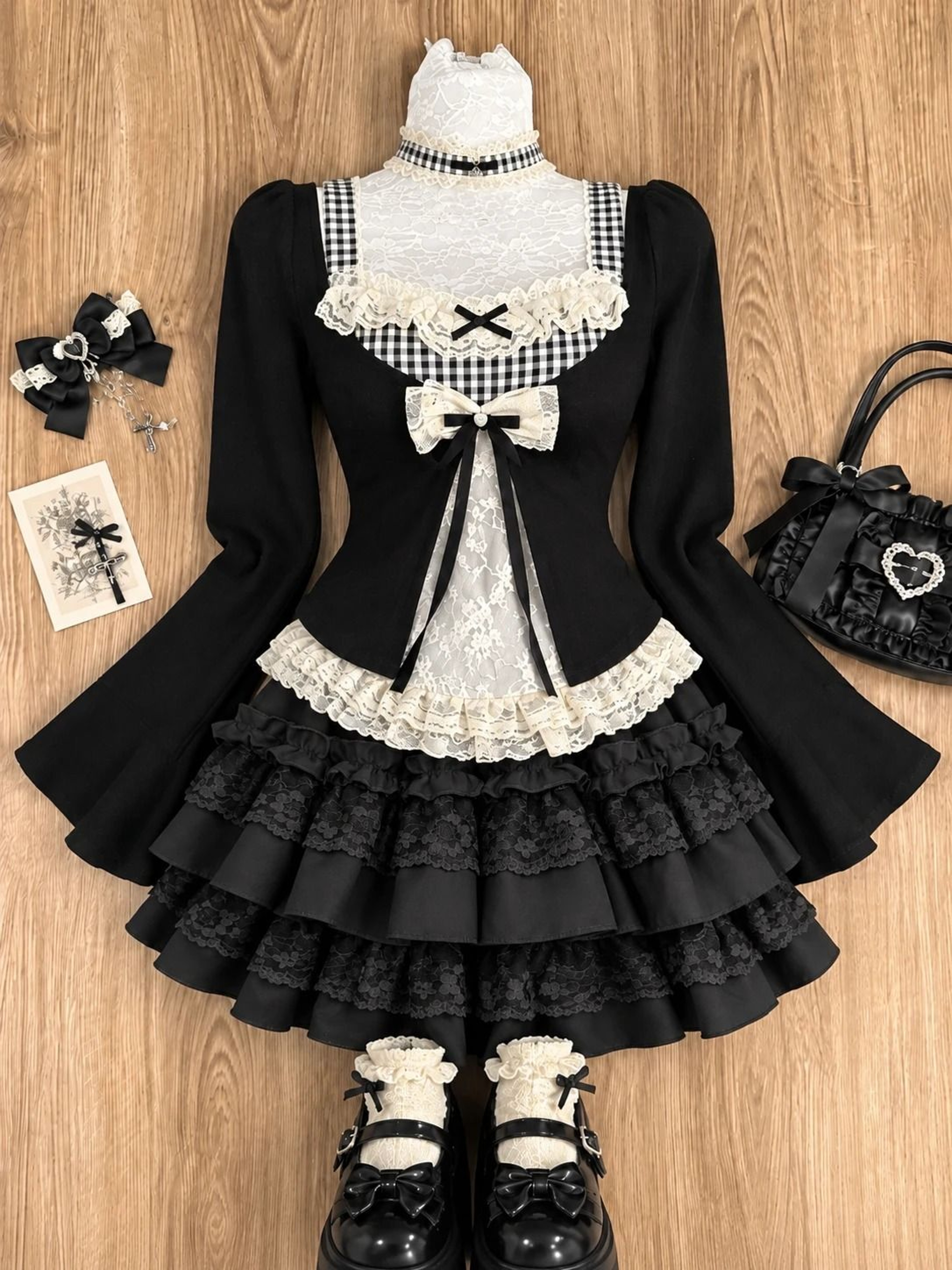 Japanese Sweet Preppy Lace Bow Blouse  Plaid Mini Skirt Set 3