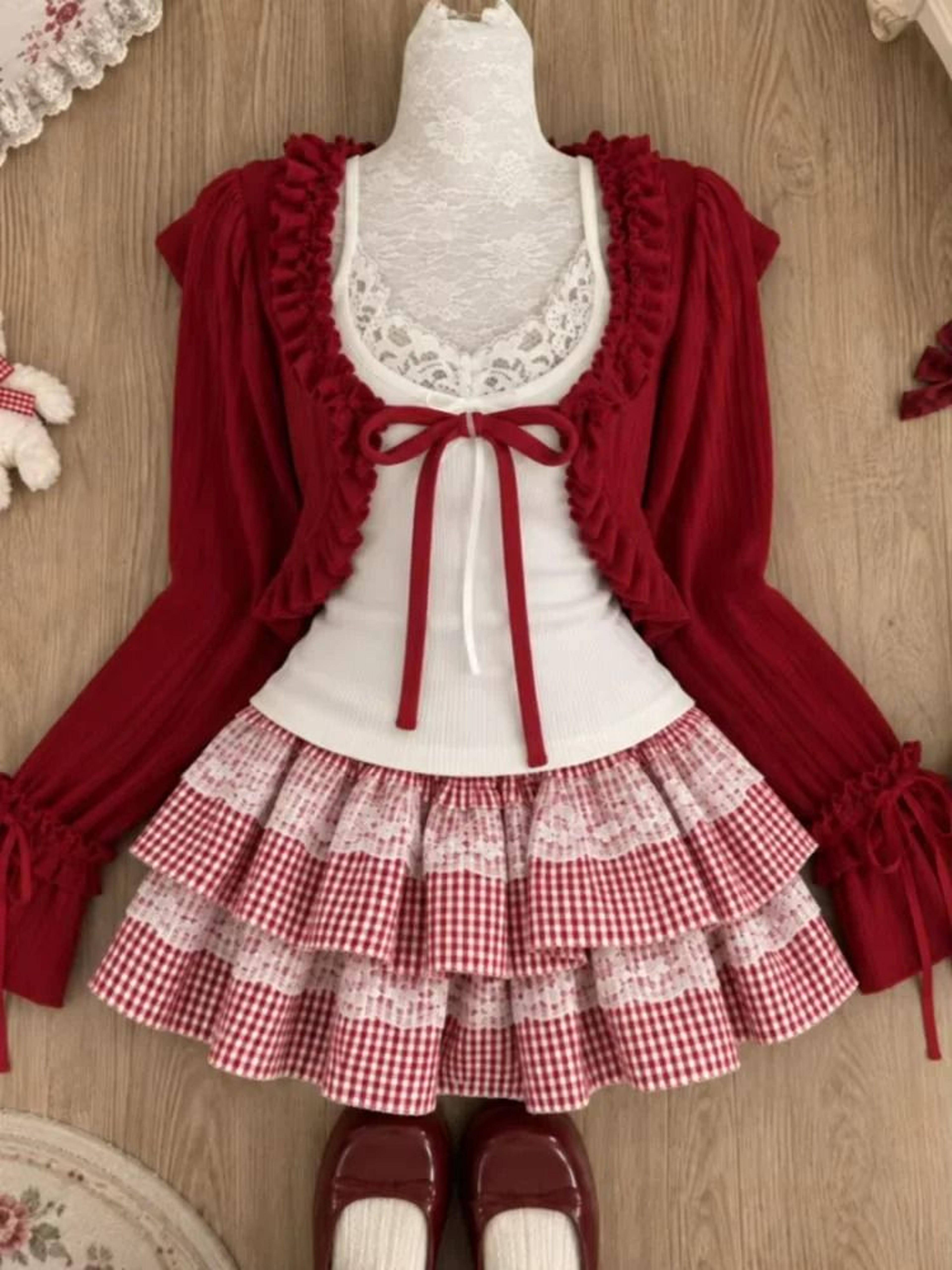 Japanese Sweet Preppy Lace Bow Blouse  Plaid Mini Skirt Set 19