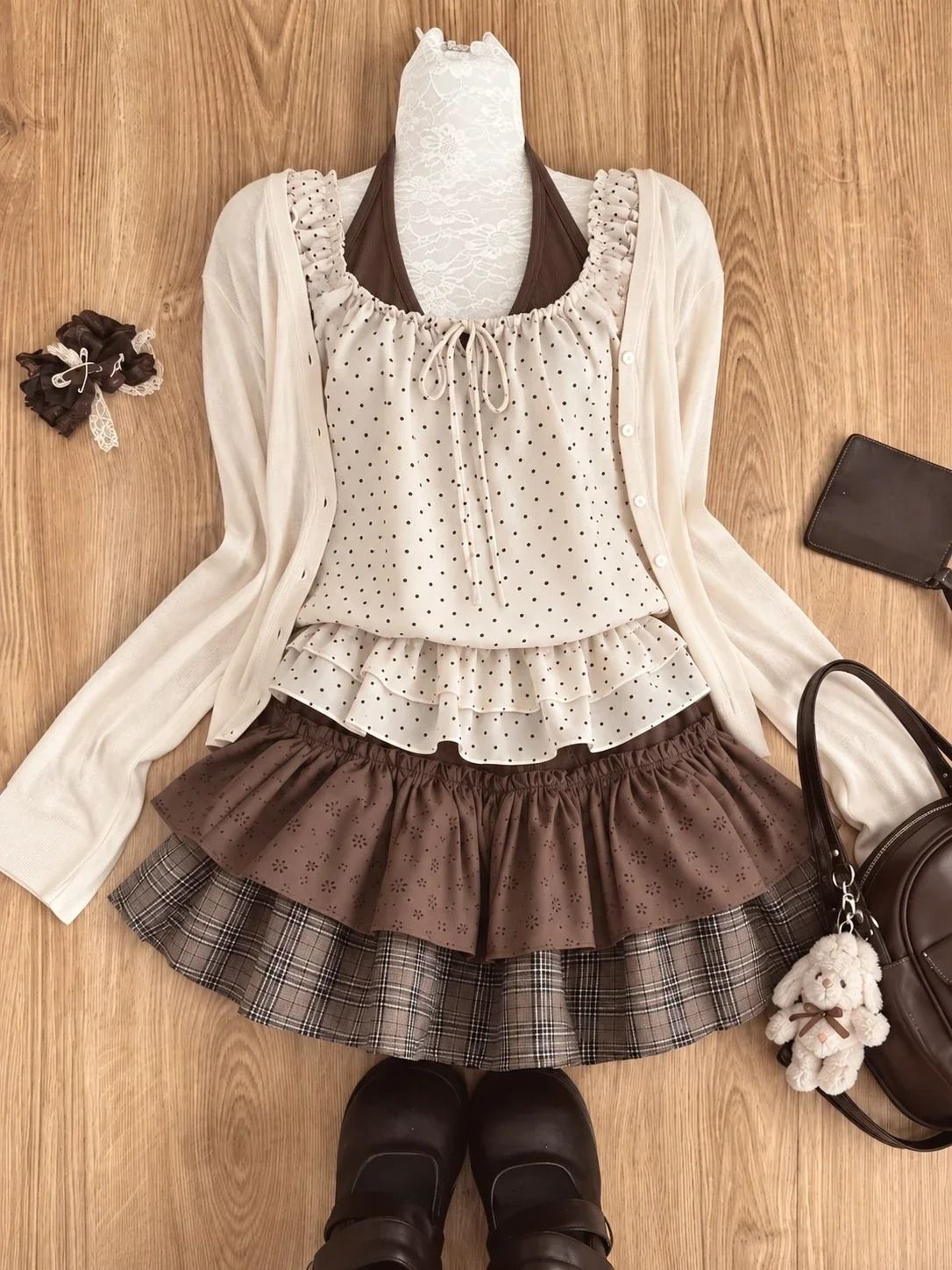 Japanese Sweet Preppy Lace Bow Blouse  Plaid Mini Skirt Set 16