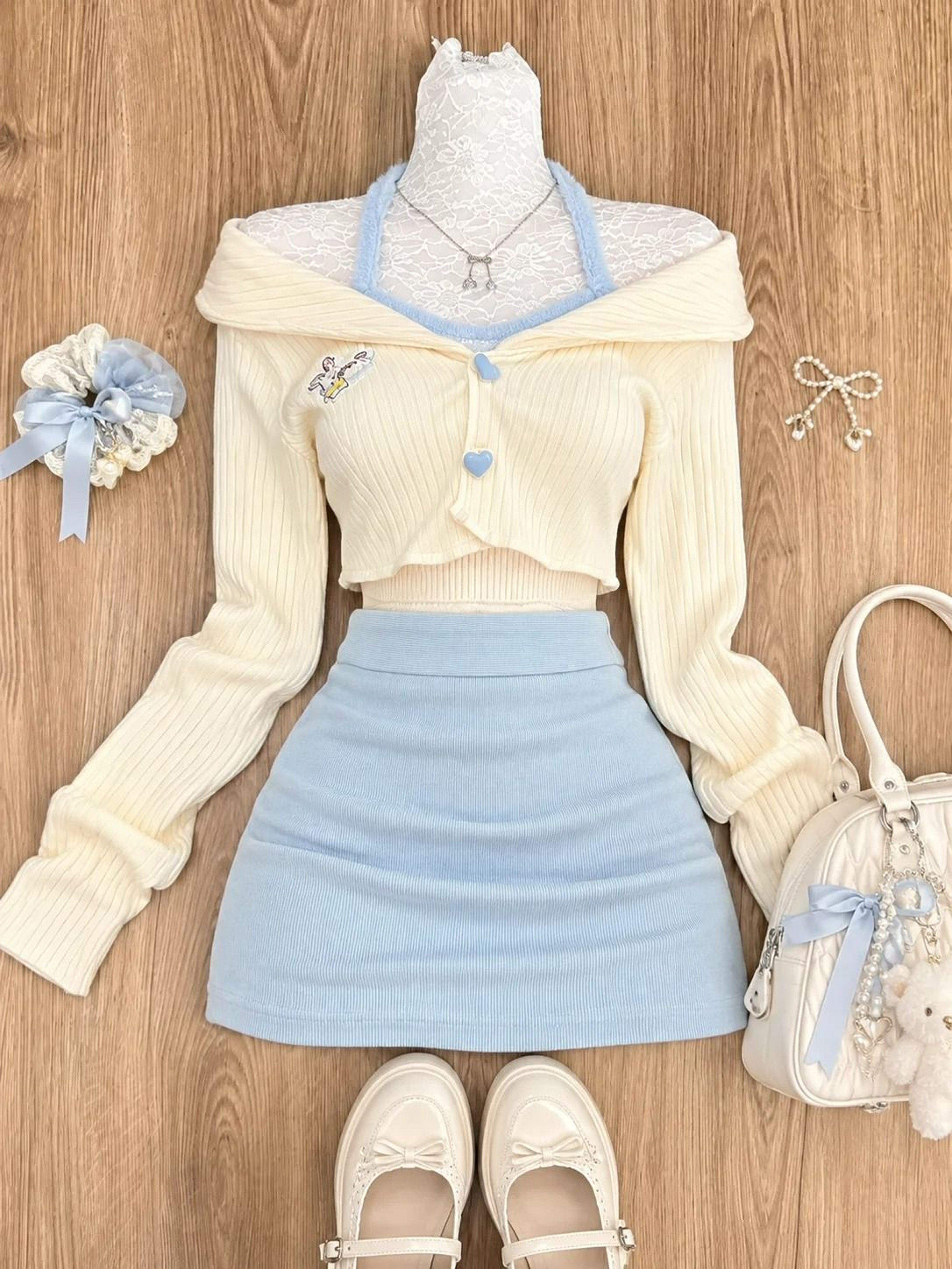 Japanese Sweet Preppy Lace Bow Blouse  Plaid Mini Skirt Set 18