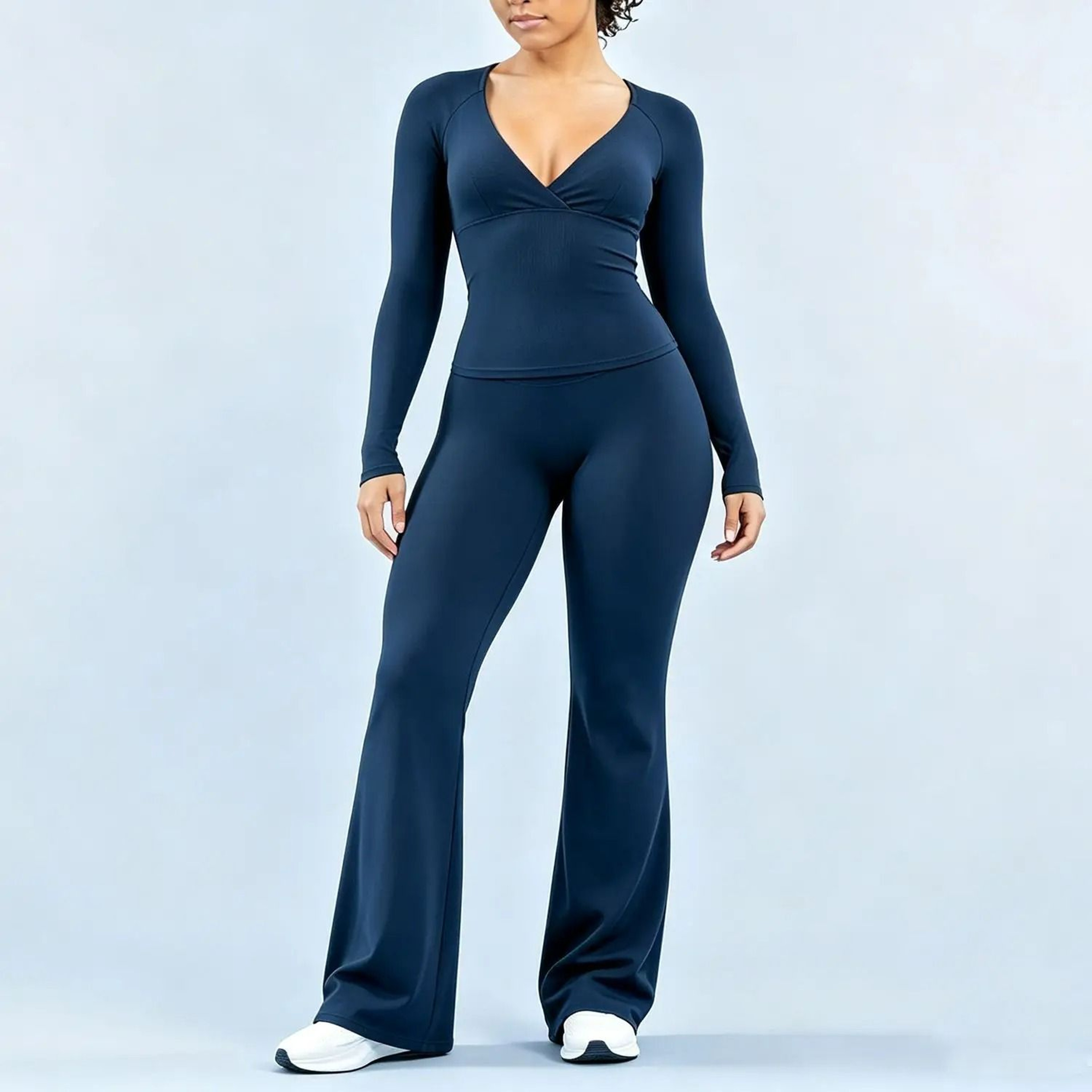 Womens DeepV Long Sleeve Top  Flare Leggings 2Piece Activewear Set 0