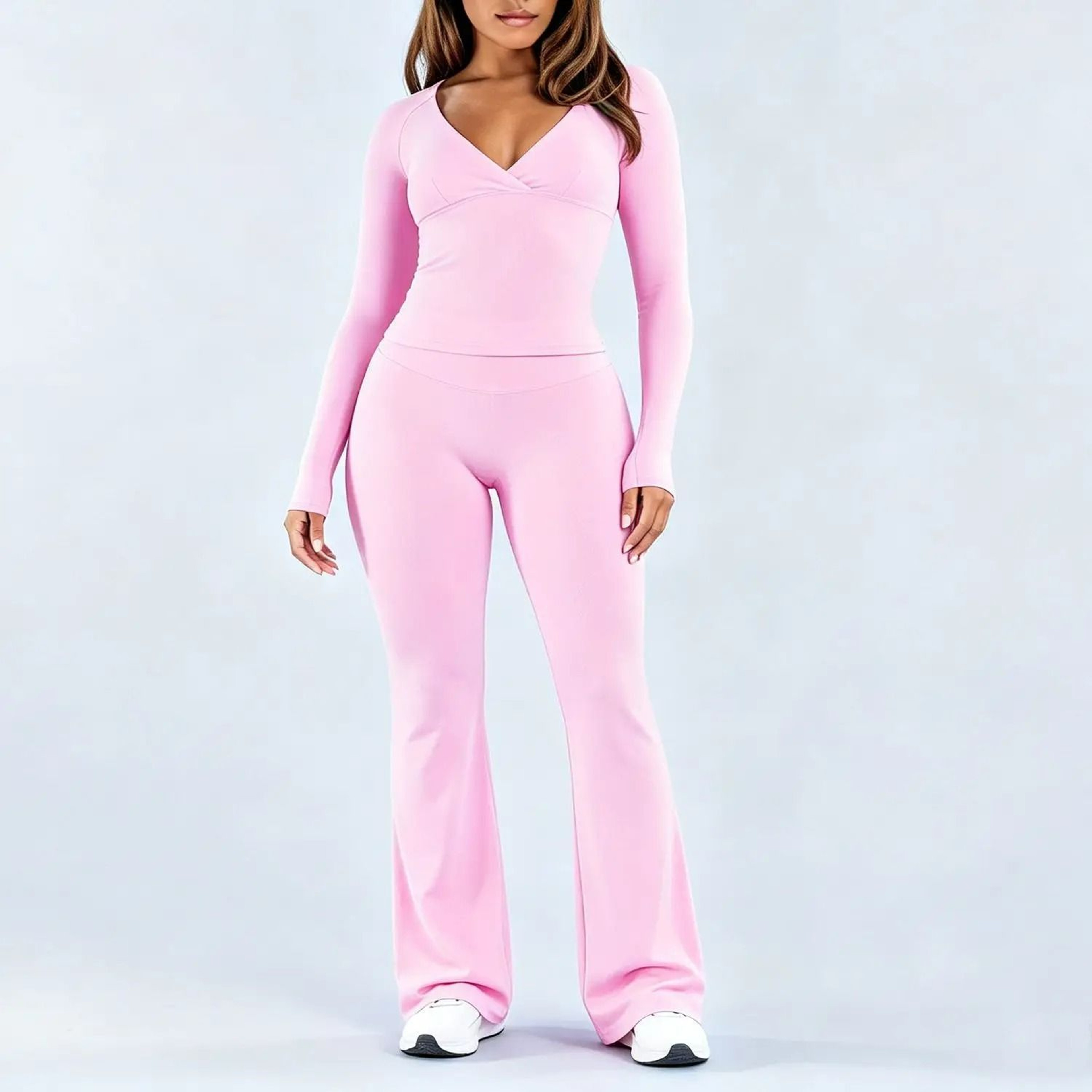 Womens DeepV Long Sleeve Top  Flare Leggings 2Piece Activewear Set 11