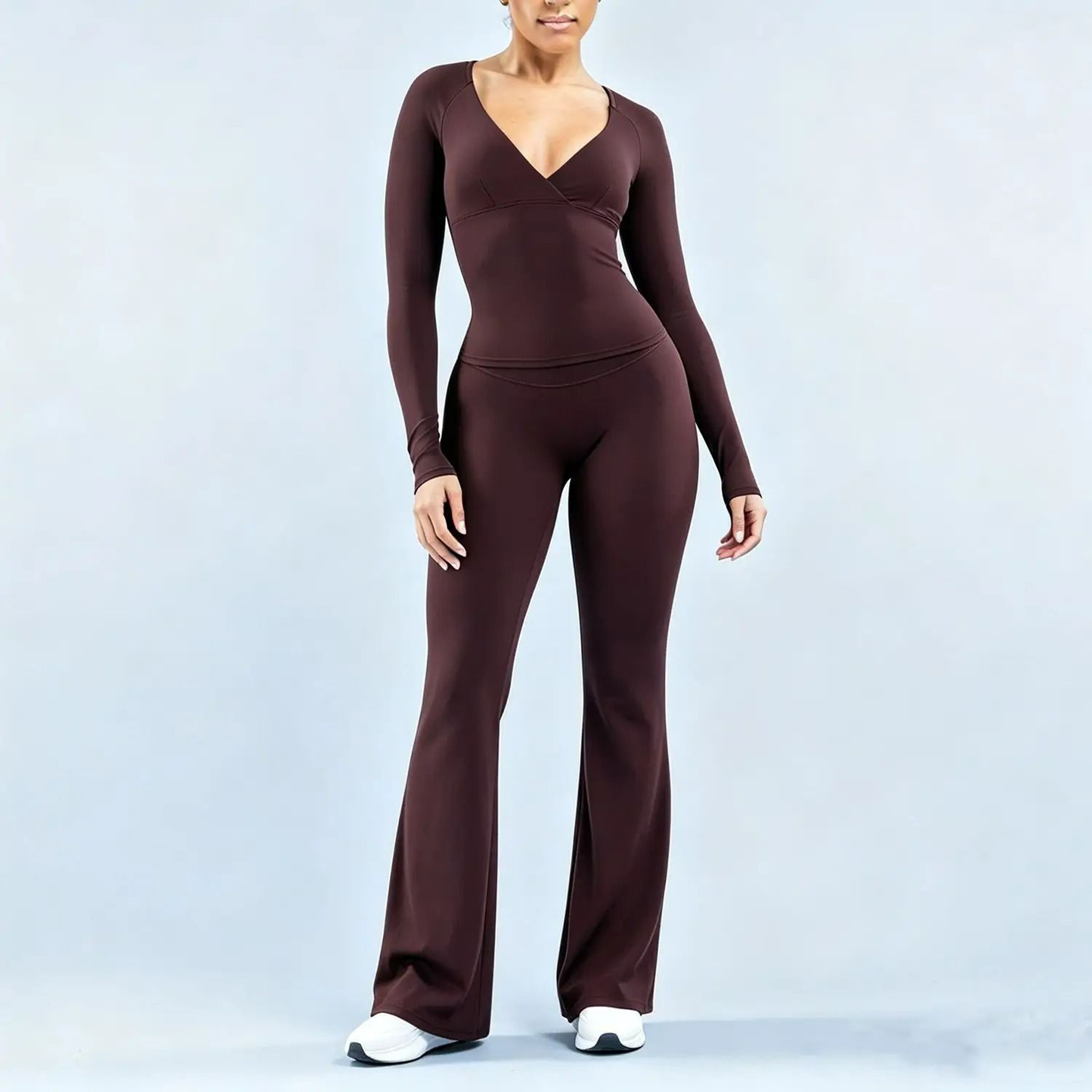 Womens DeepV Long Sleeve Top  Flare Leggings 2Piece Activewear Set 3
