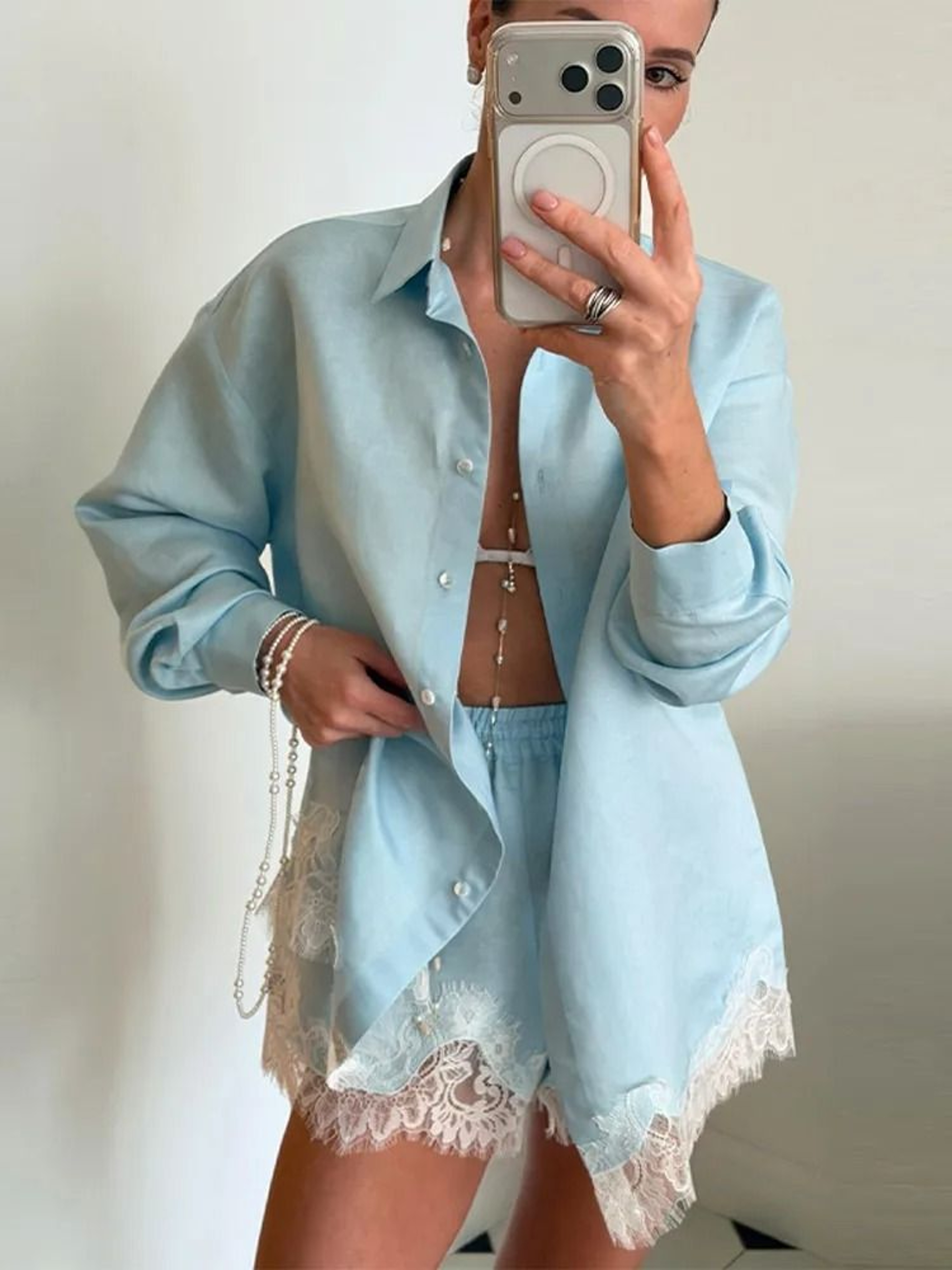 Womens Lace Patchwork ButtonDown Shirt  Shorts Beach Set 2
