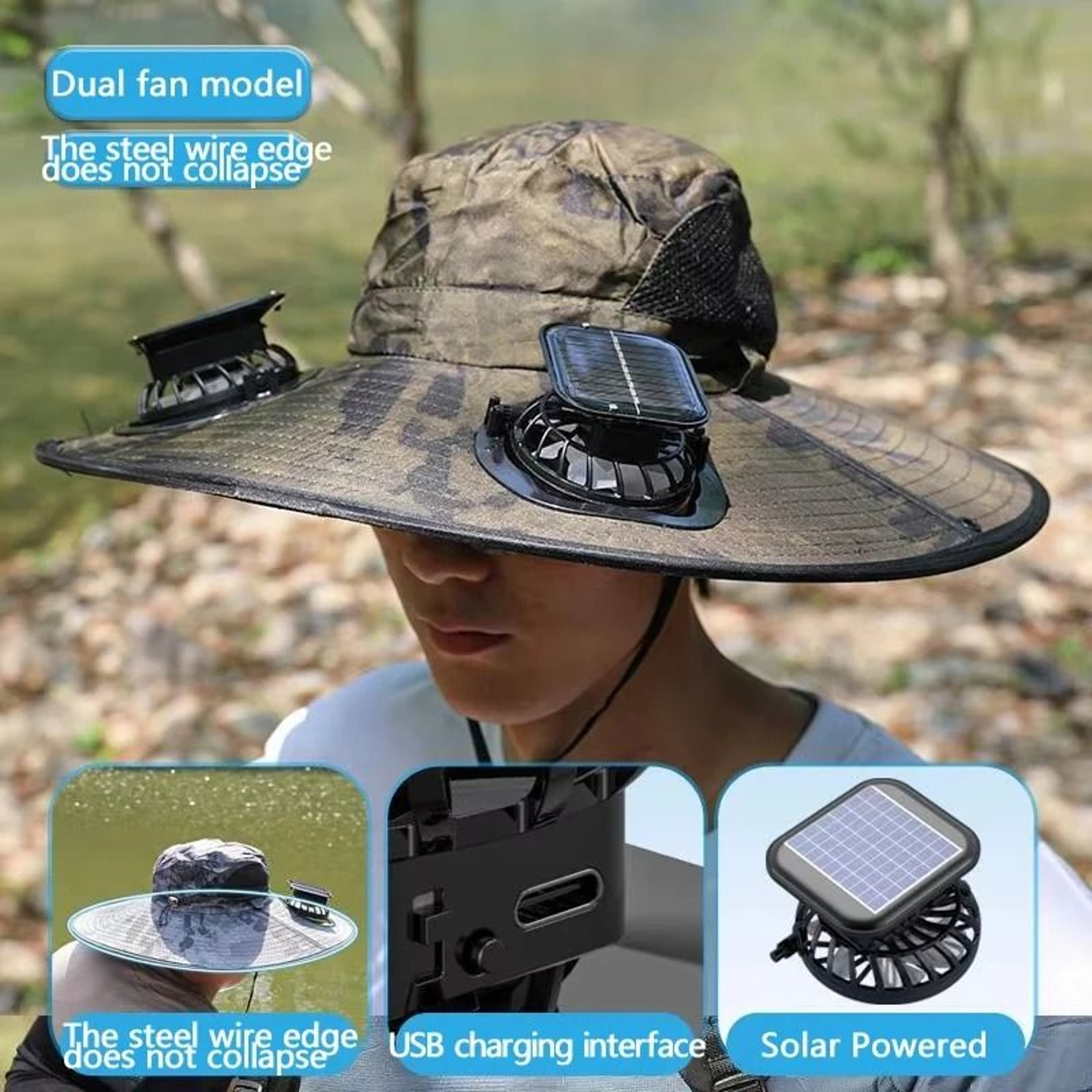 Solar Powered Cooling Fan Wide Brim Sun Hat 6