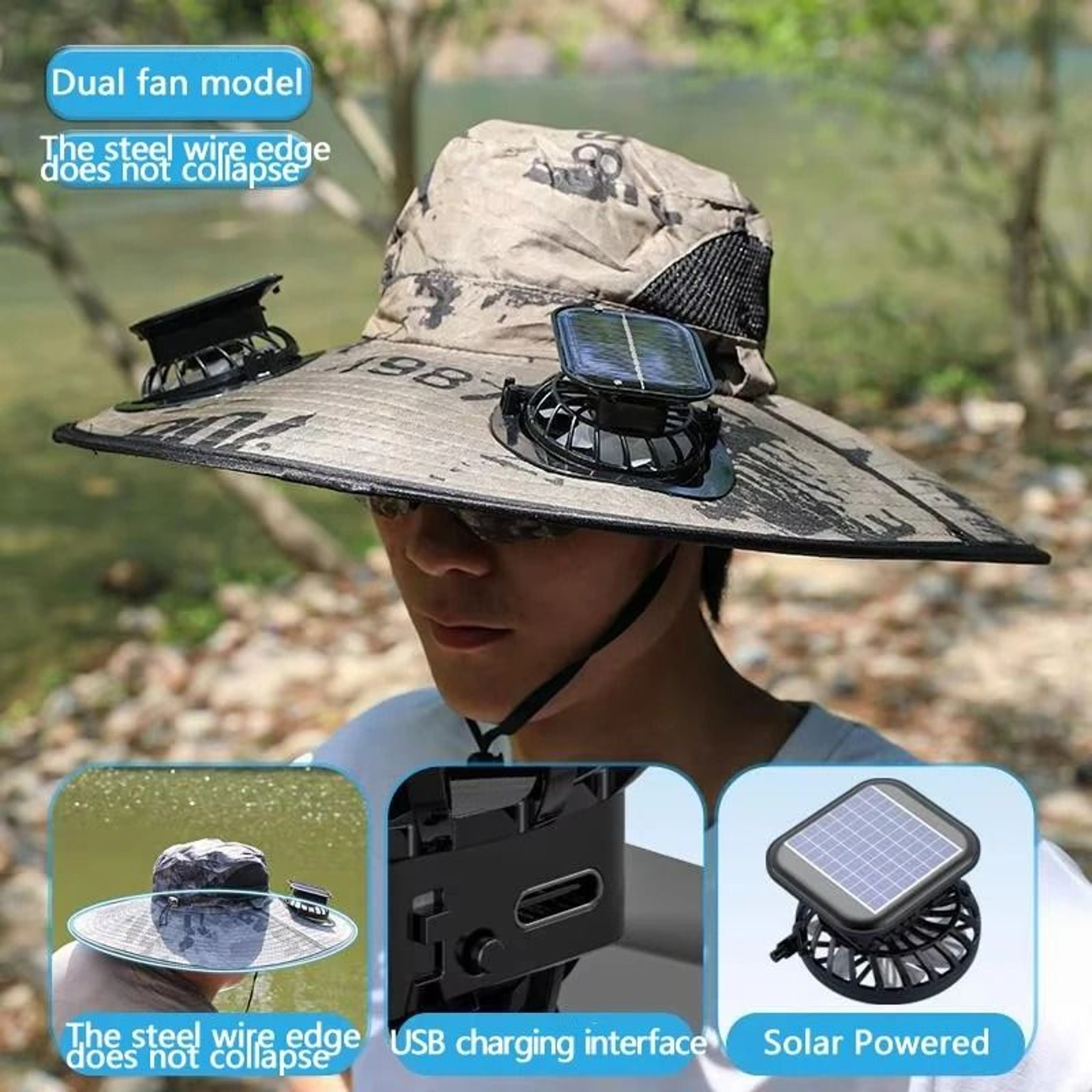 Solar Powered Cooling Fan Wide Brim Sun Hat 7
