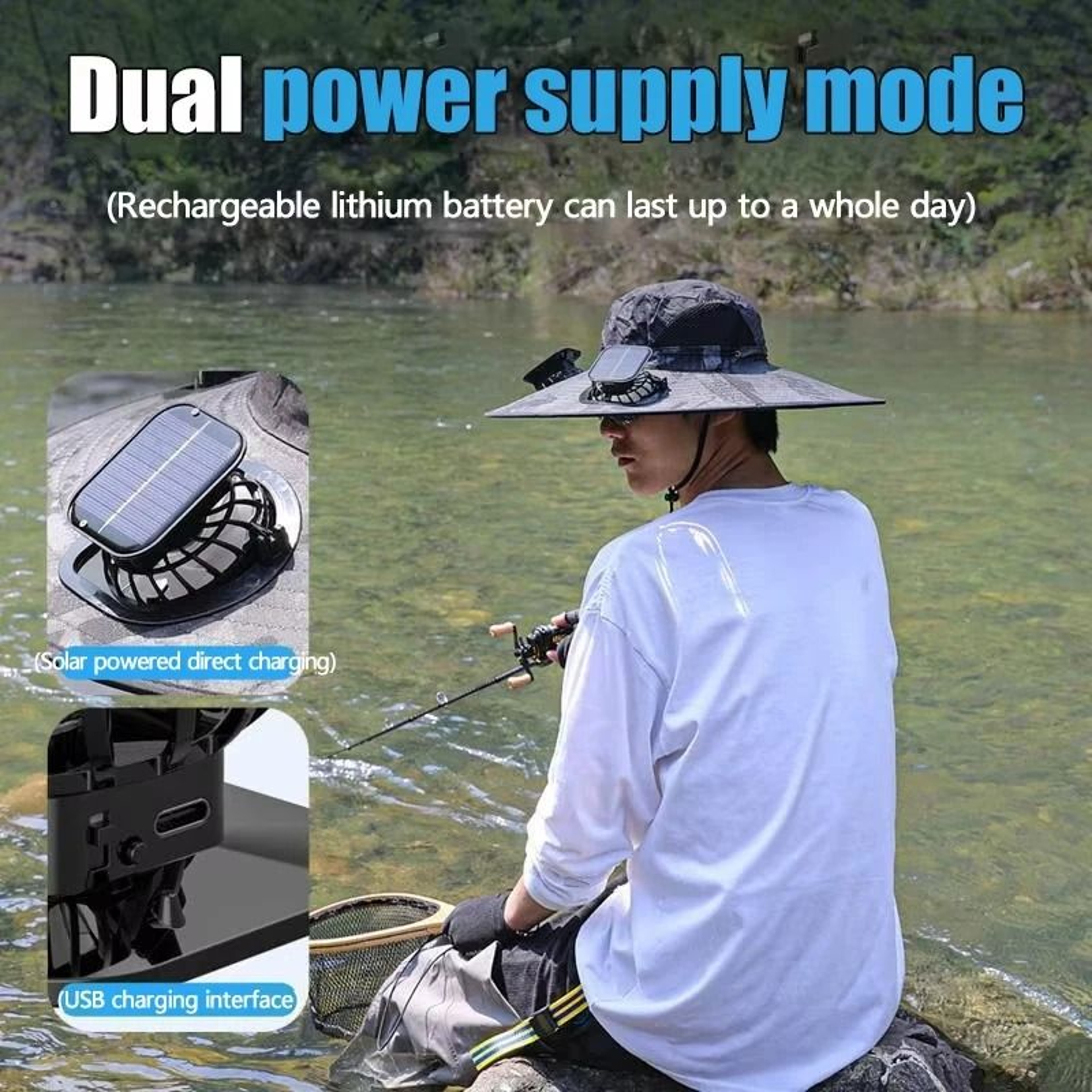 Solar Powered Cooling Fan Wide Brim Sun Hat 3