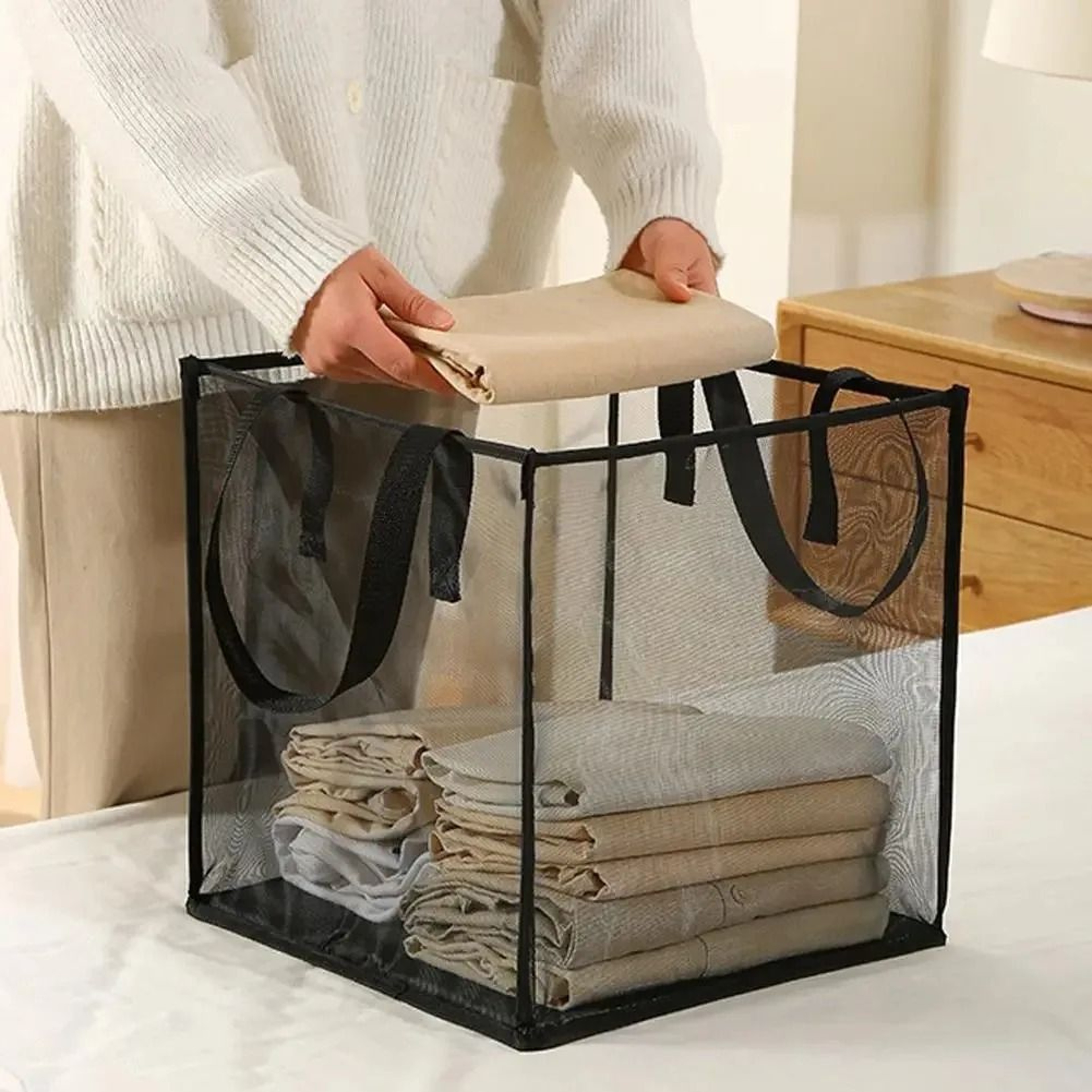 Square Foldable Breathable Mesh Laundry Hamper  Clothes Storage Basket 3