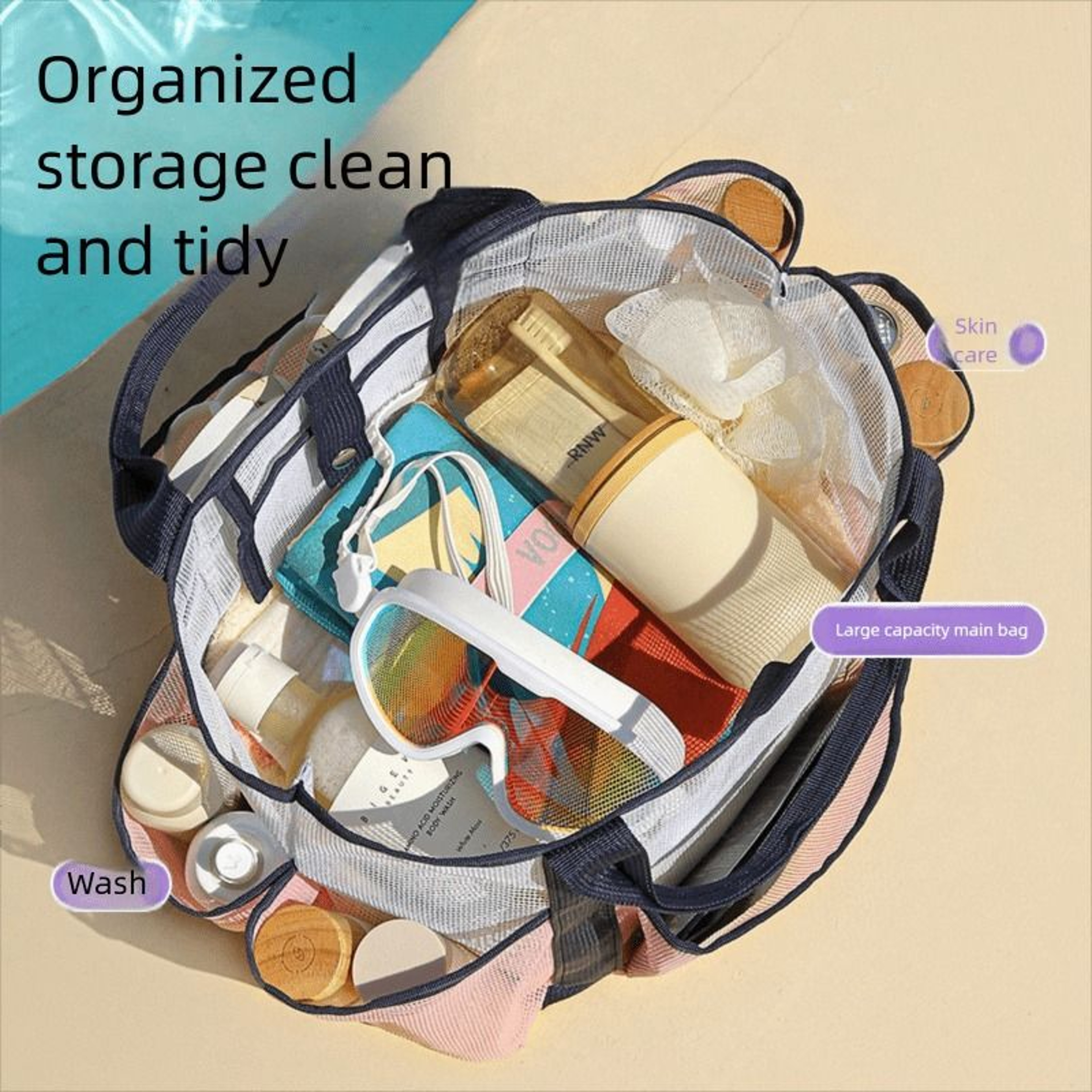 LargeCapacity MultiPocket Mesh Drainage Toiletry  Beach Bag 2