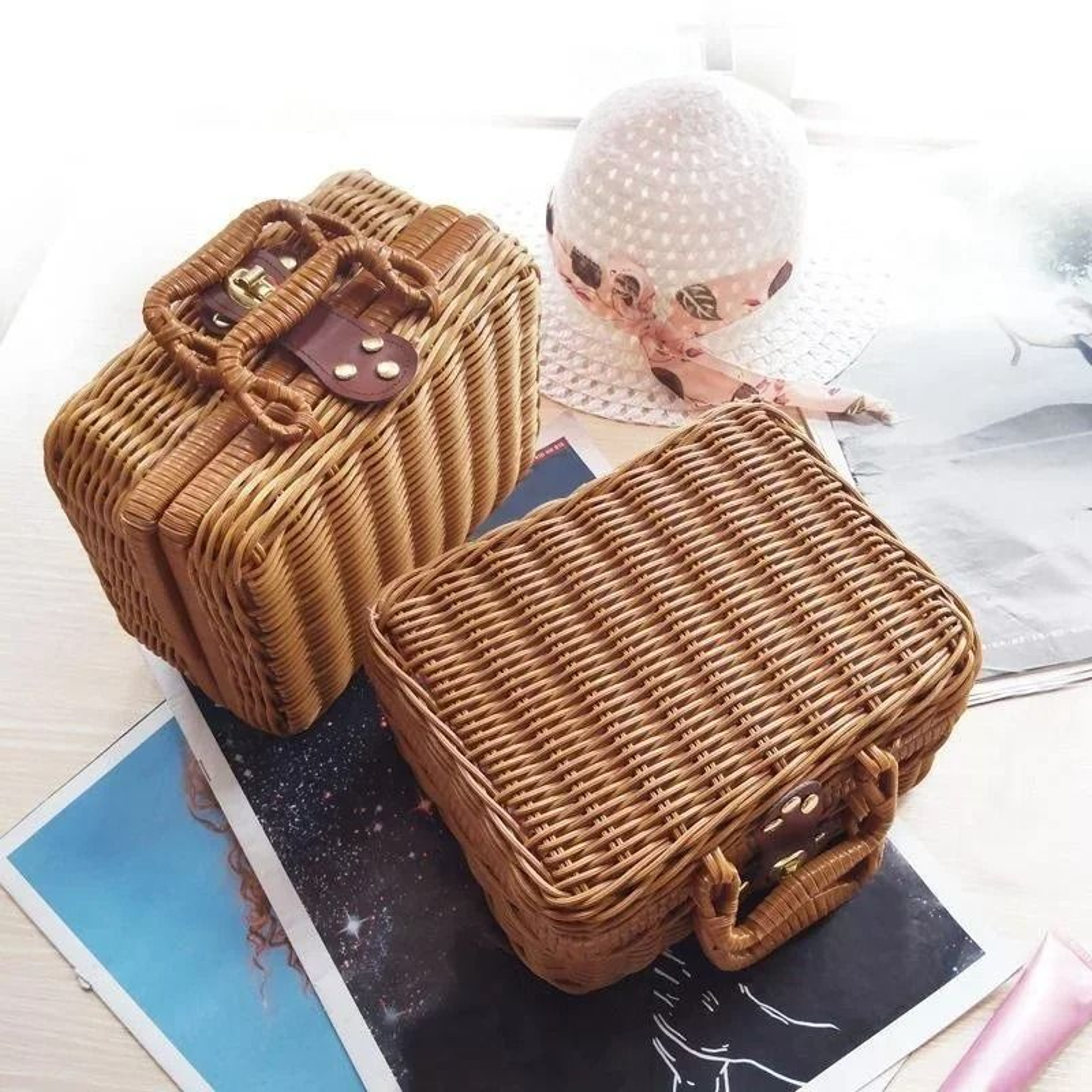 Retro RattanLike Woven Suitcase Storage Box  Decorative Prop Basket With Handle 3