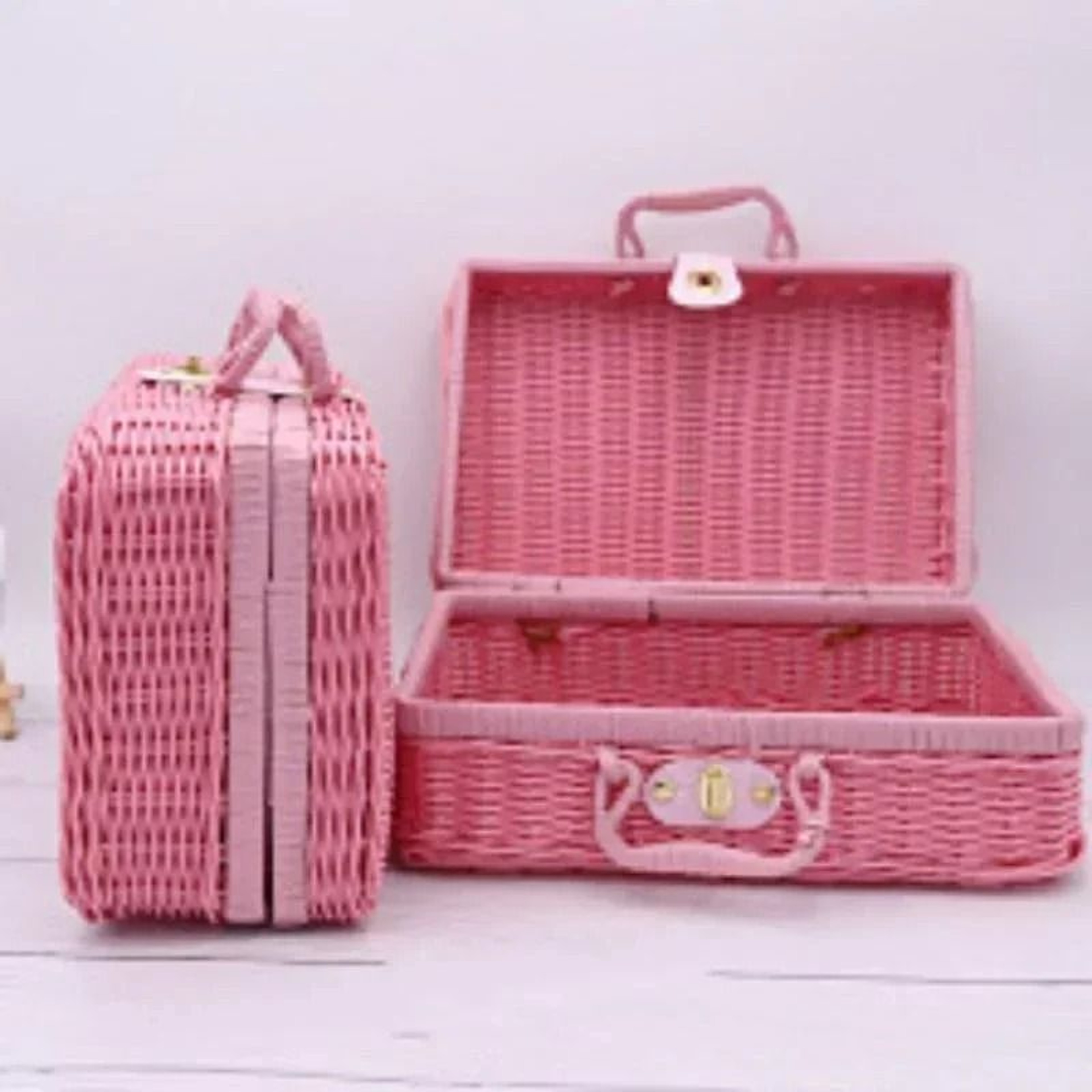 Retro RattanLike Woven Suitcase Storage Box  Decorative Prop Basket With Handle 7