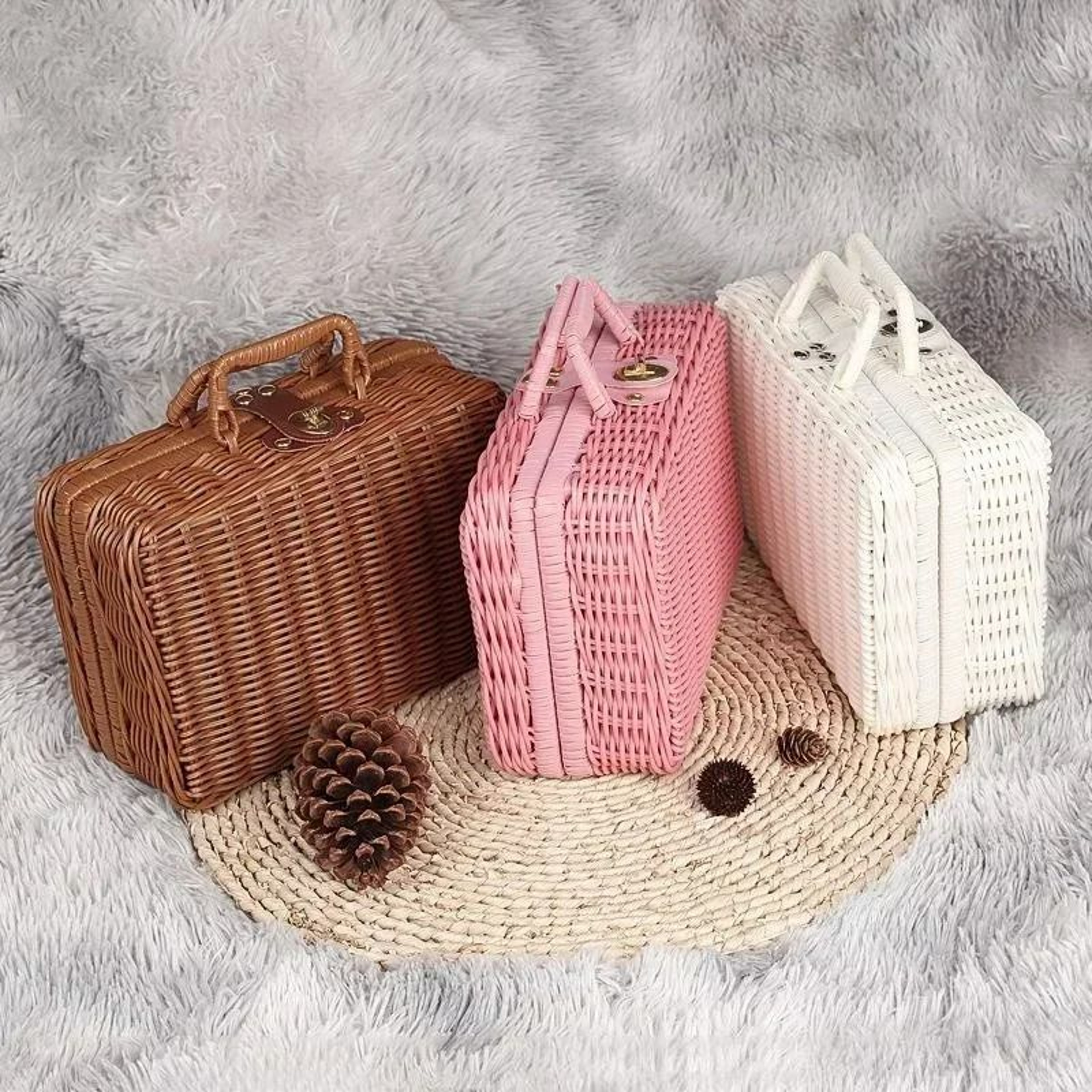Retro RattanLike Woven Suitcase Storage Box  Decorative Prop Basket With Handle 5