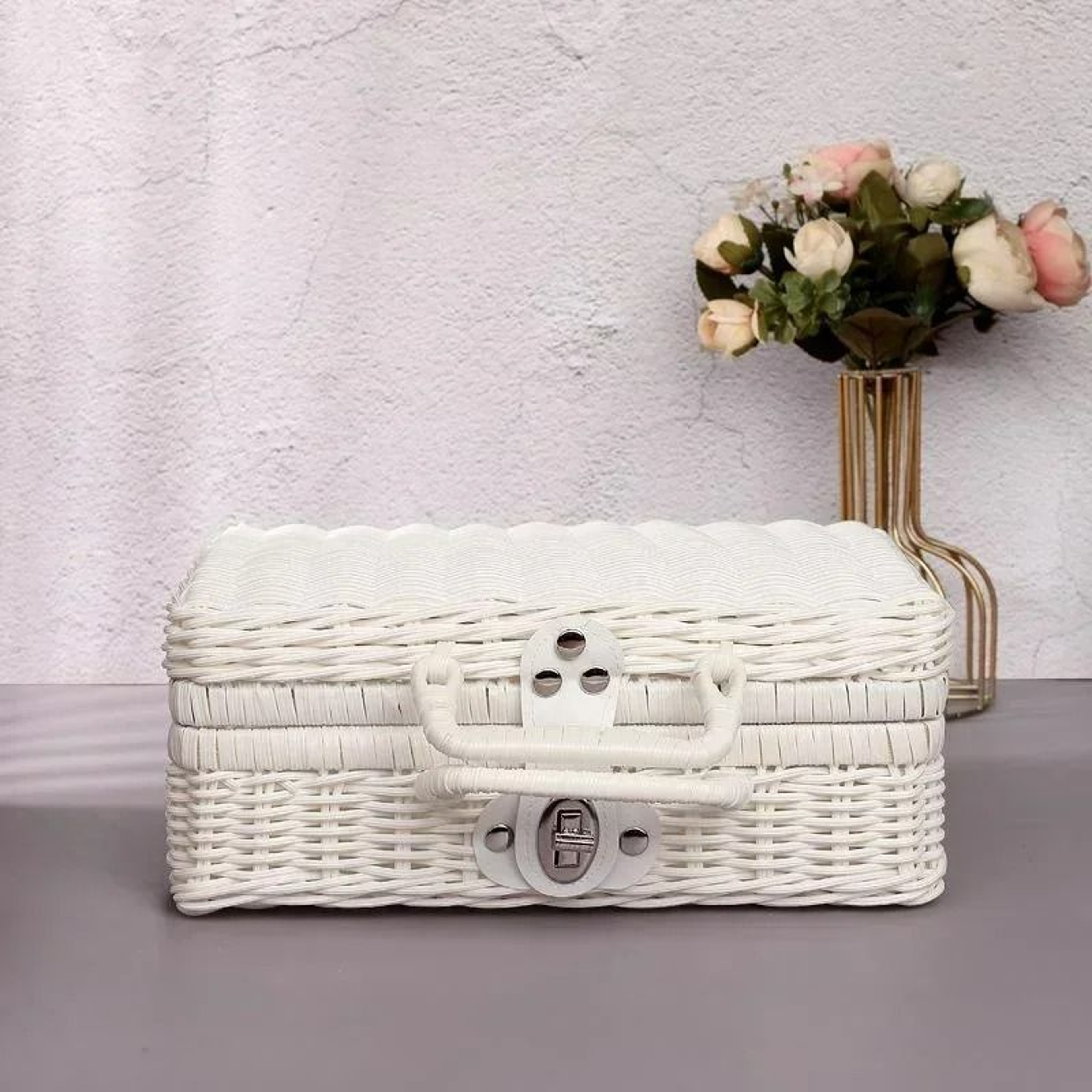 Retro RattanLike Woven Suitcase Storage Box  Decorative Prop Basket With Handle 9
