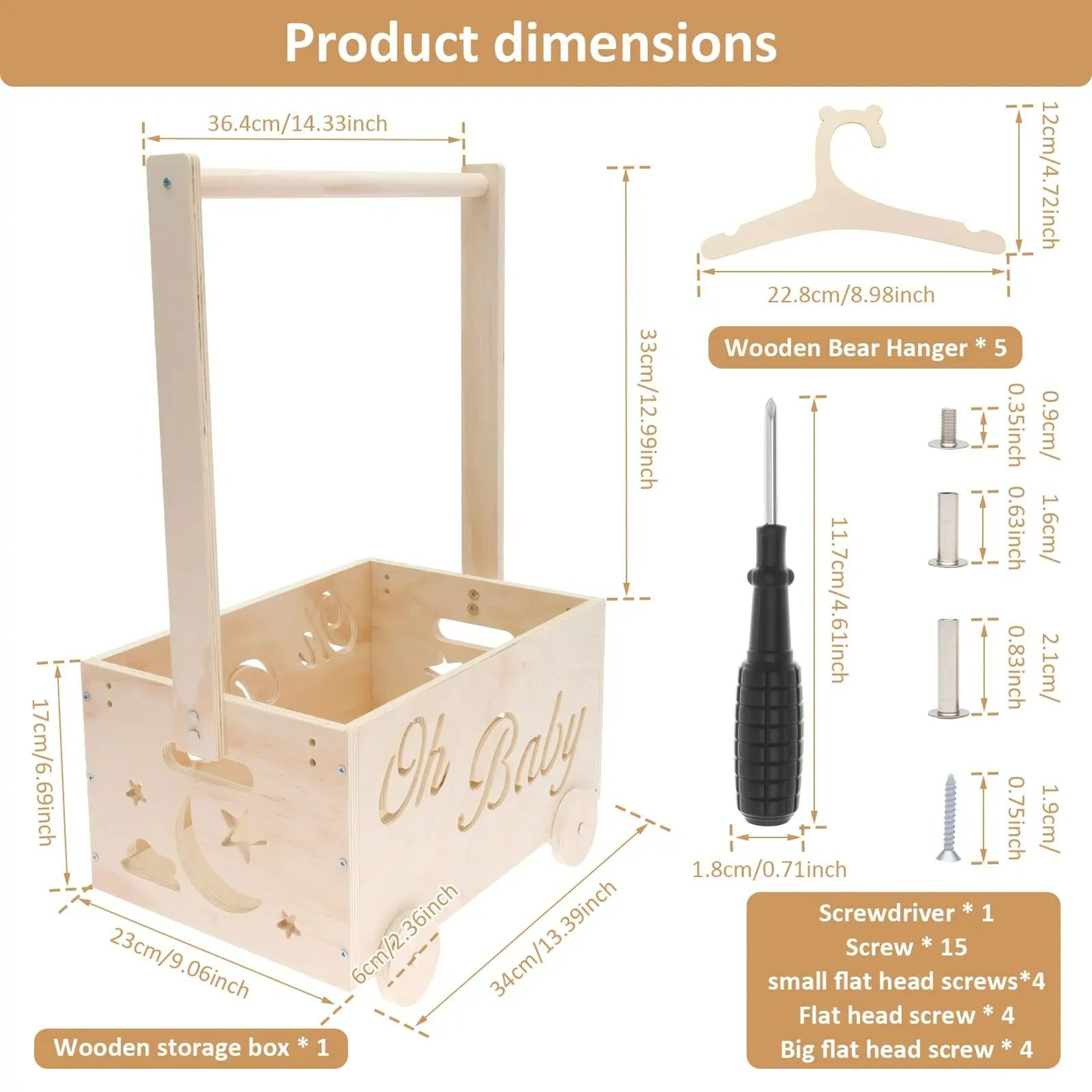 Wooden Baby Shower Storage Crate  Nursery Clothing Organizer With Hanger Bar  Wheels 6