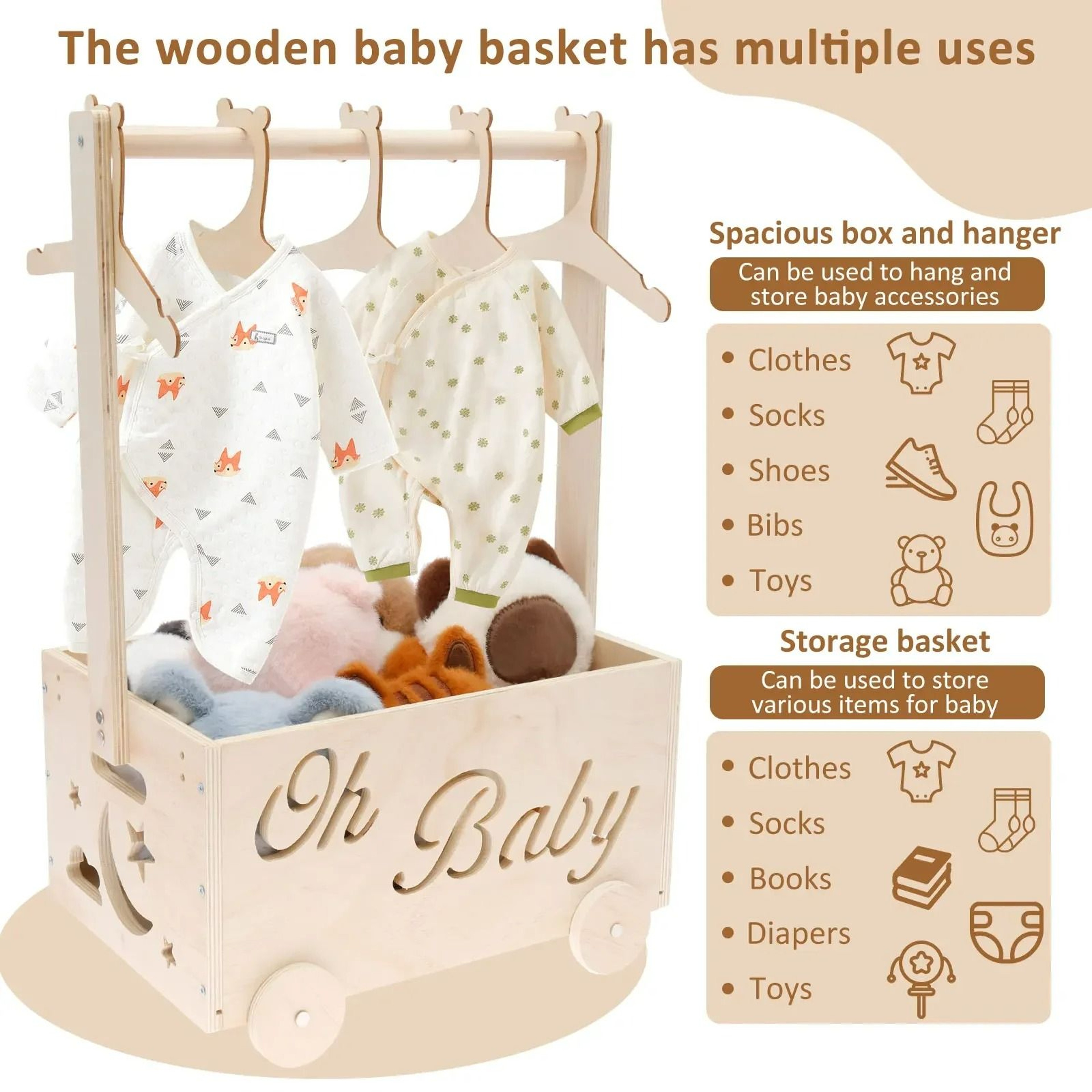 Wooden Baby Shower Storage Crate  Nursery Clothing Organizer With Hanger Bar  Wheels 1