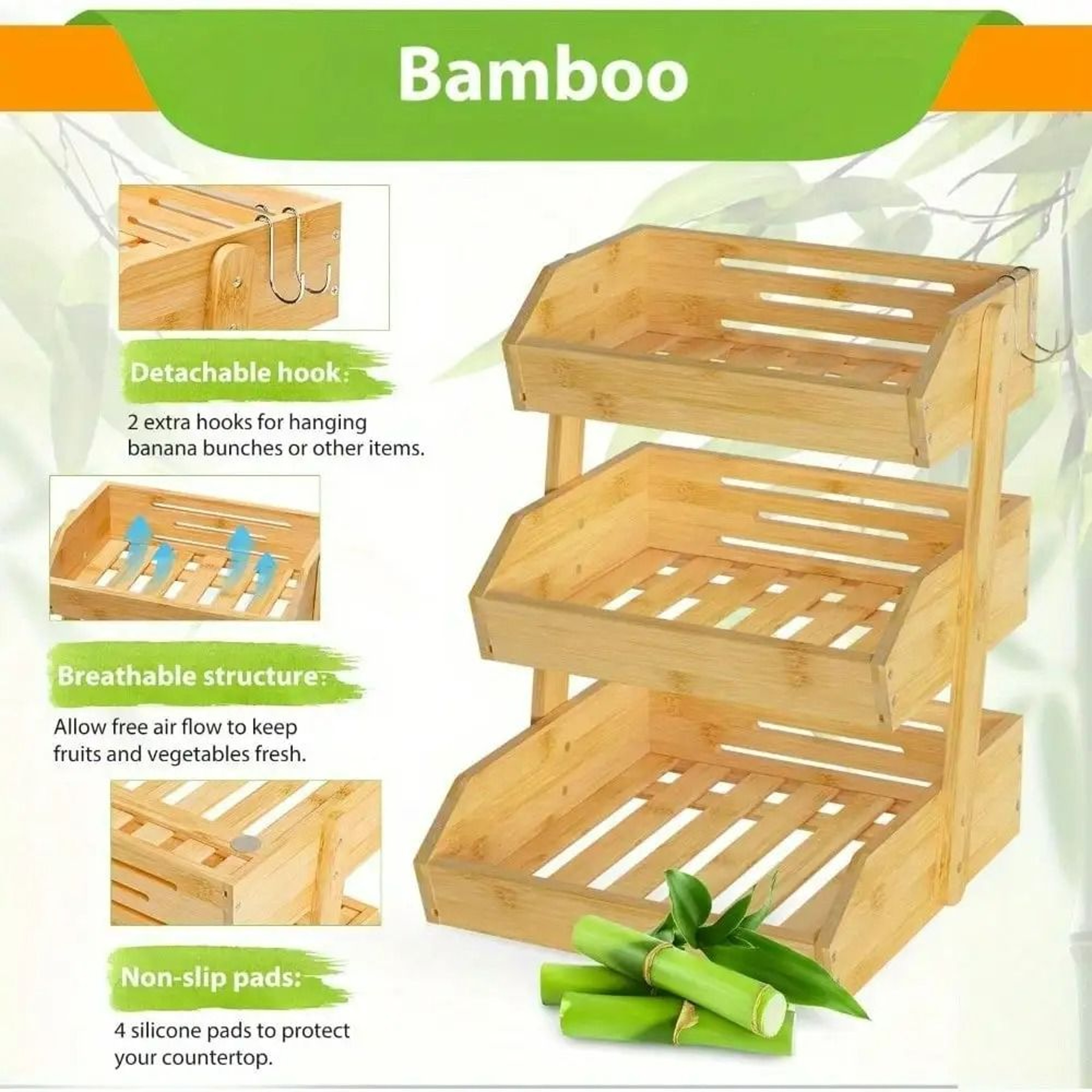 Tiered Bamboo Fruit And Vegetable Basket Stand Multipurpose Kitchen Storage Organizer 6