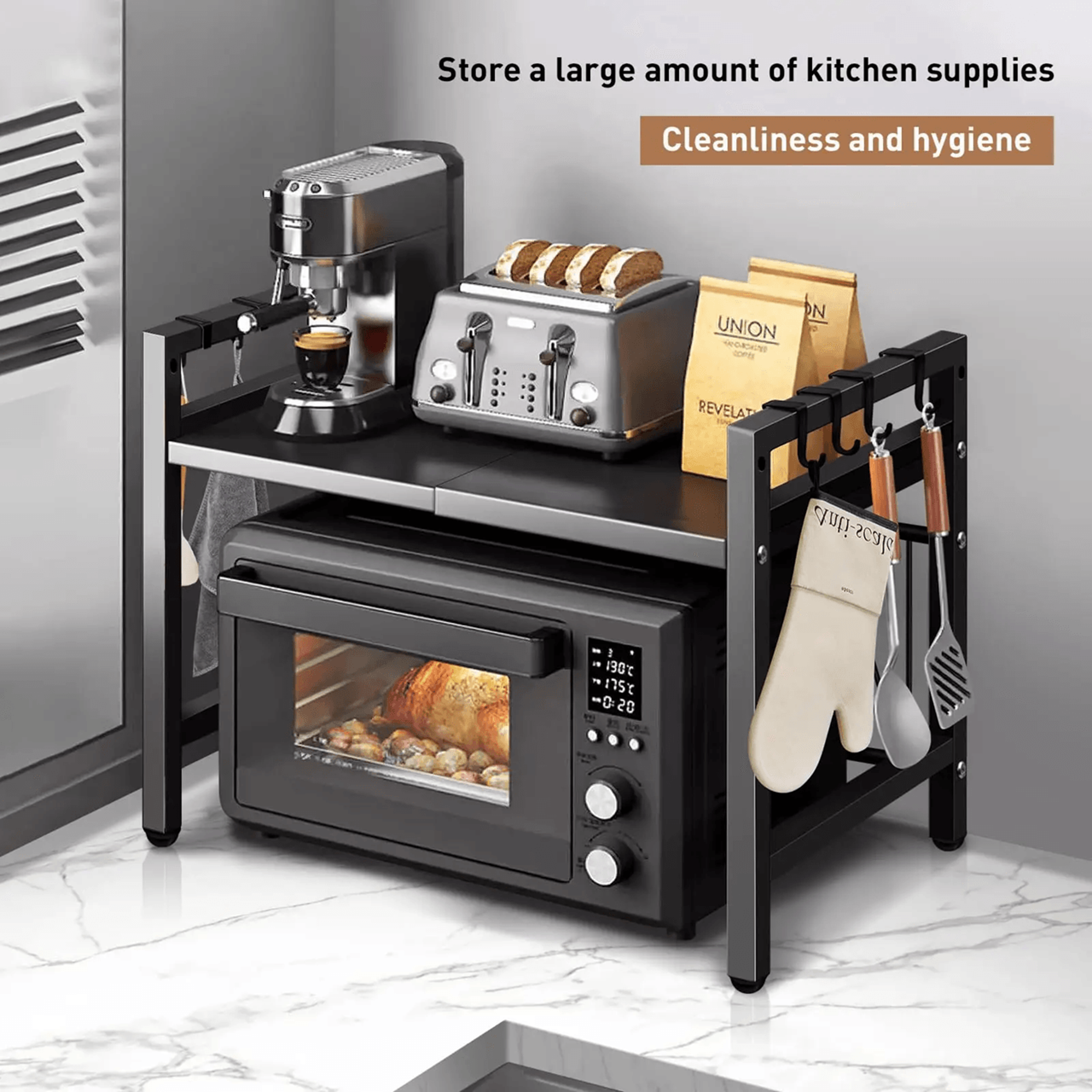 Expandable Microwave Shelf Organizer Adjustable Rust Proof Countertop Storage Rack 1