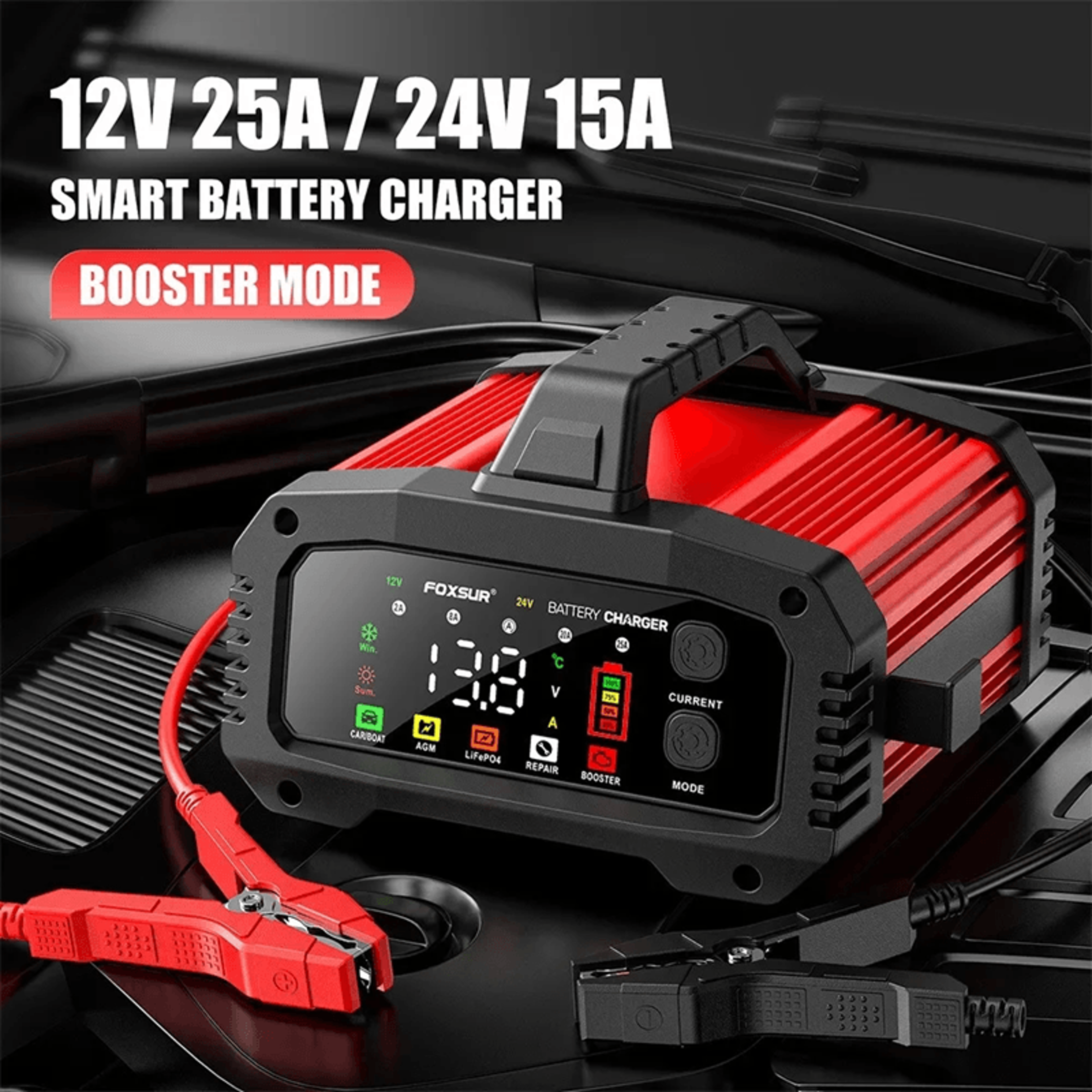 Smart Car Battery Charger 25A 15A For 12V 24V AGM GEL LiFePO4 Motorcycle And Auto Batteries 0