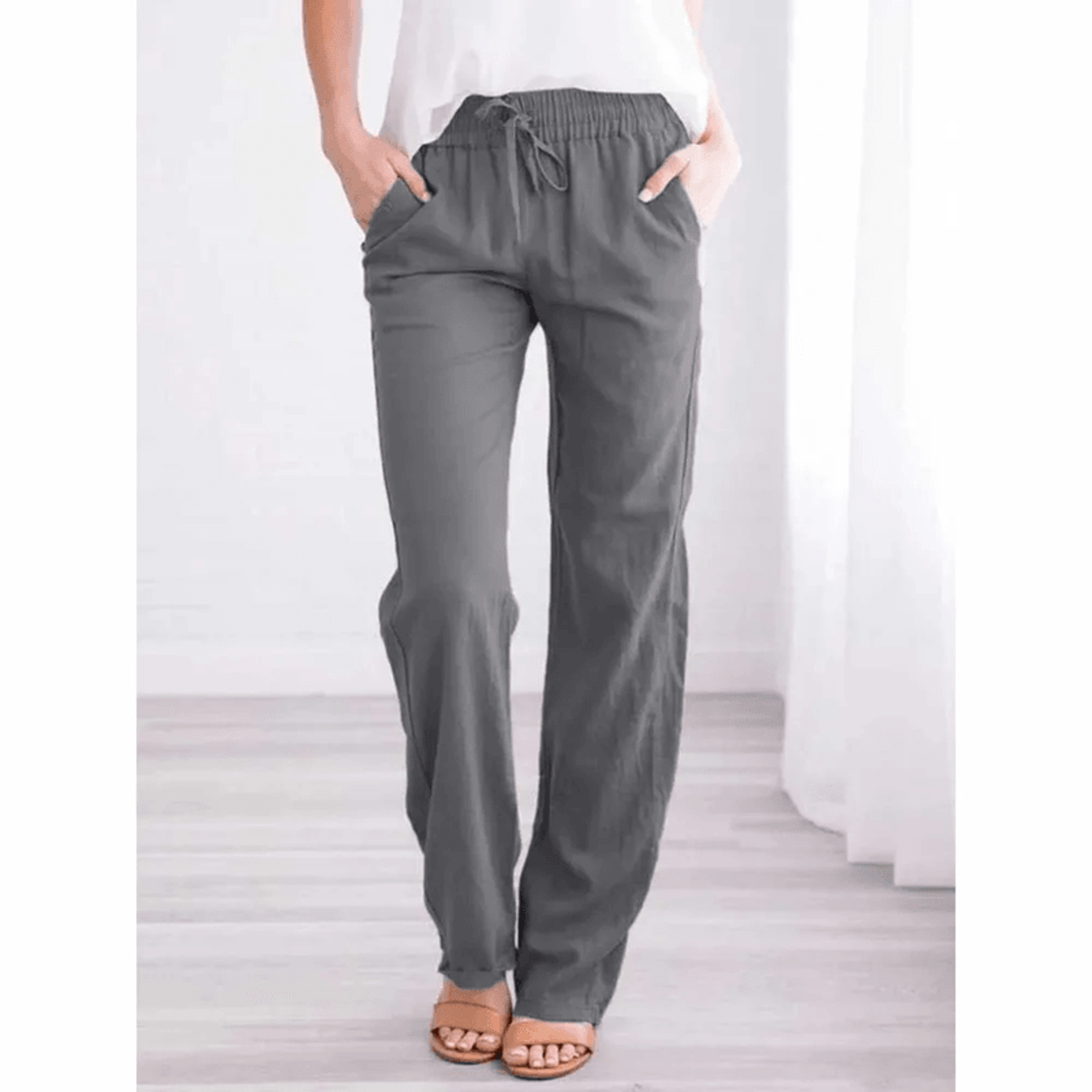 Women Cotton Linen Drawstring Pants Loose Straight Leg Trousers 4