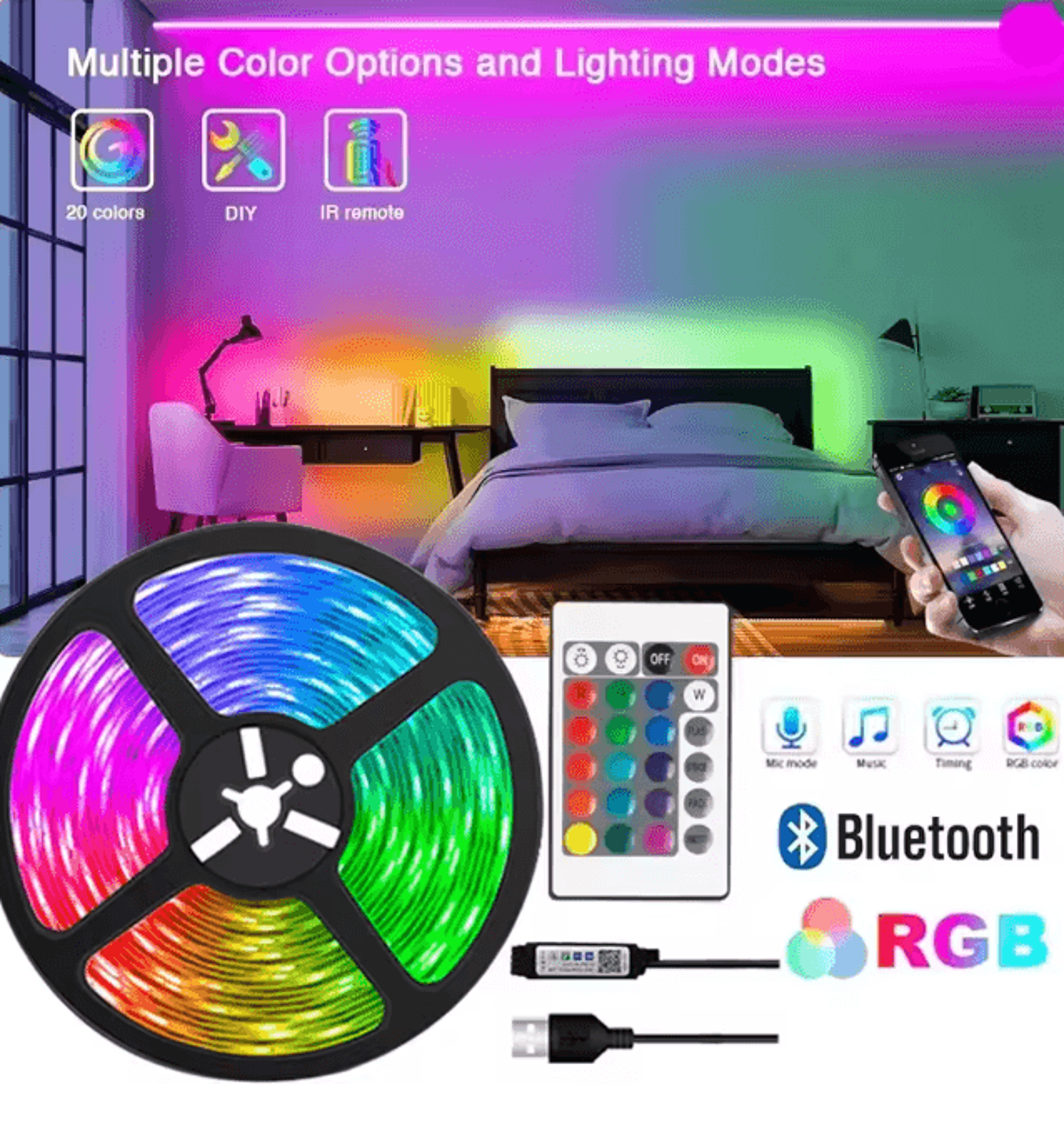 RGB LED Strip Lights USB Bluetooth Remote Color Changing Light Tape 5