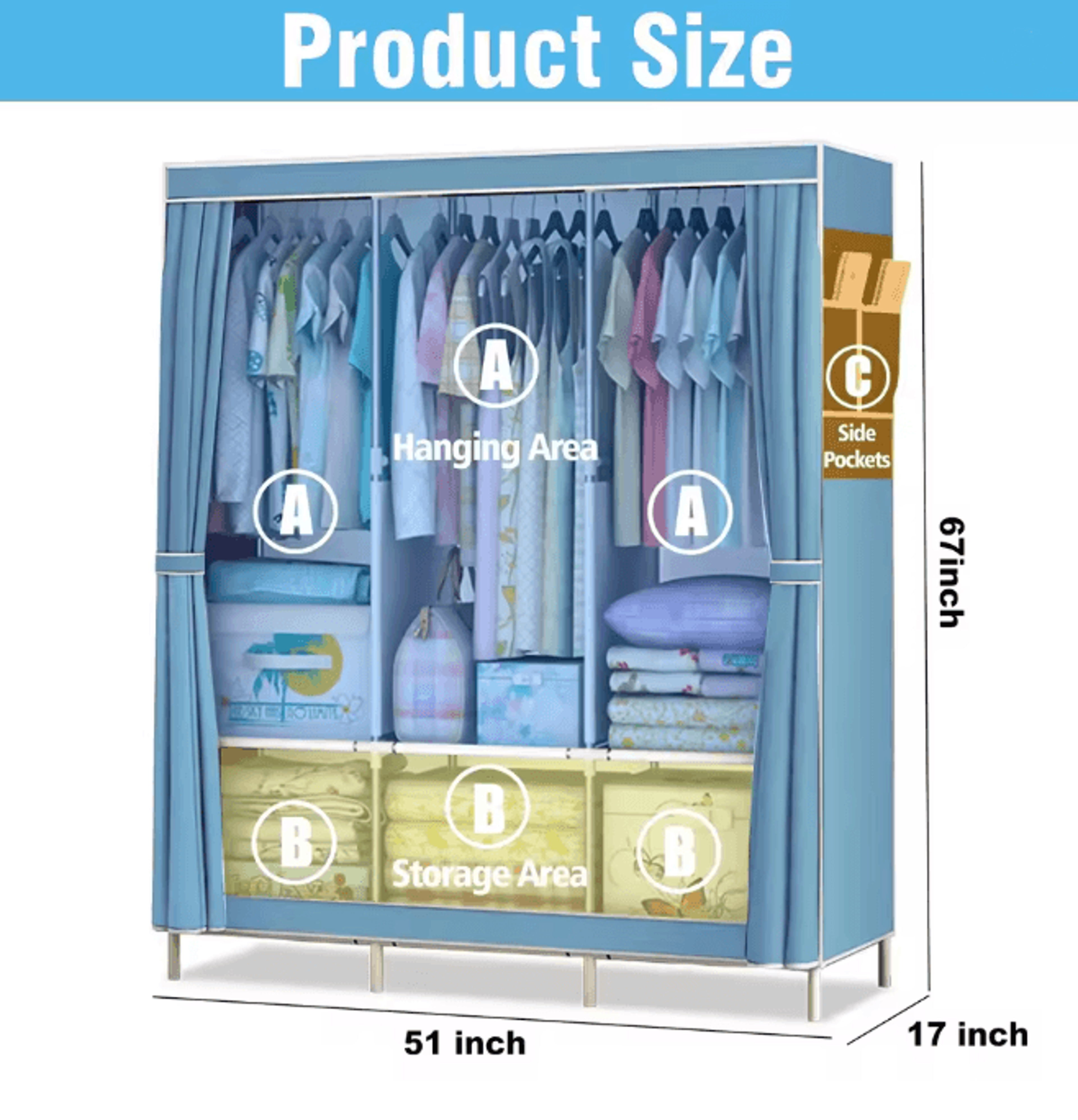 Portable Closet Wardrobe Organizer Storage Rack With Fabric Cover 6