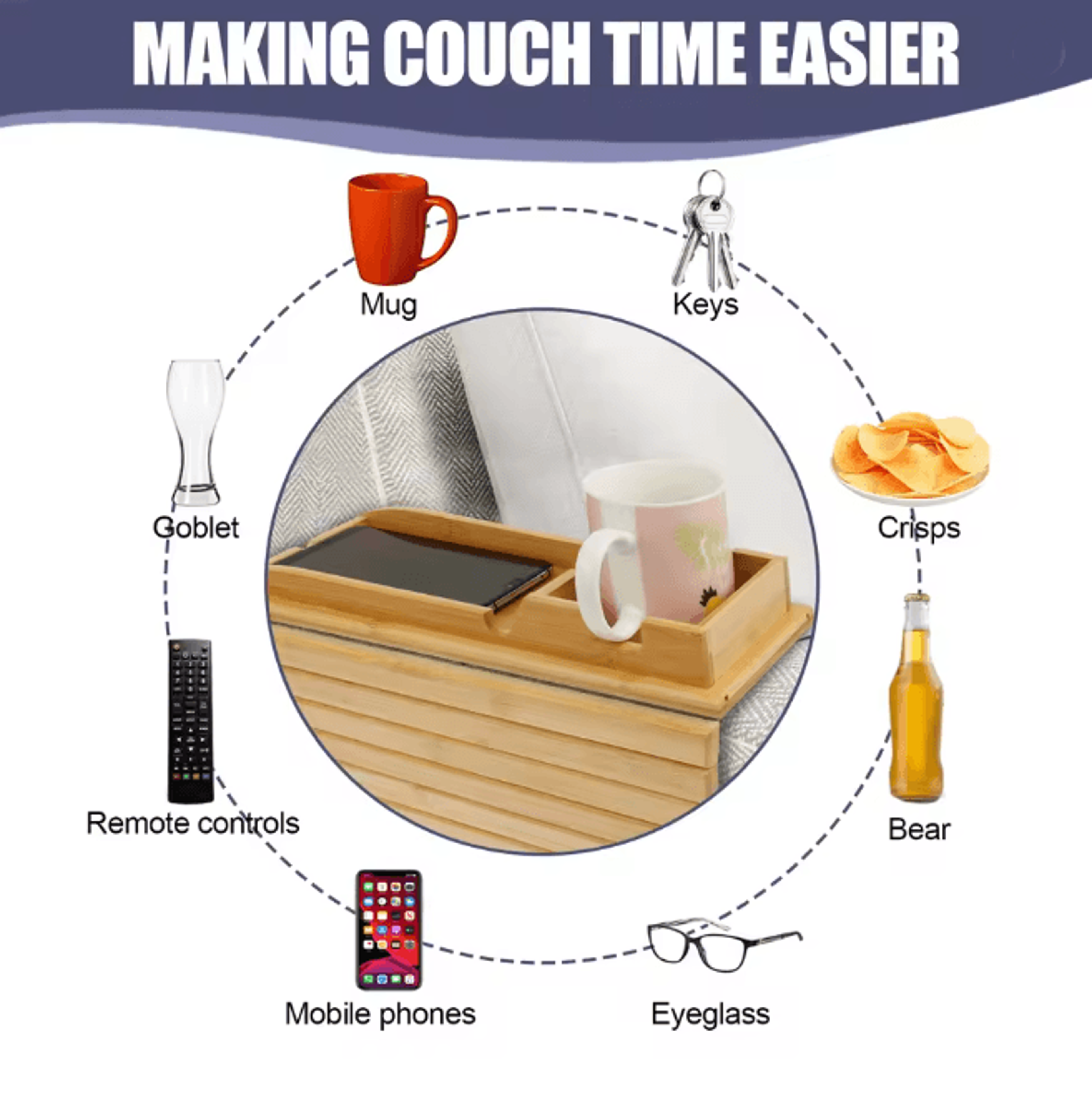 BambooGrip Couch Cup Holder Sofa Armrest Tray Anti Slip Foldable Organizer 3