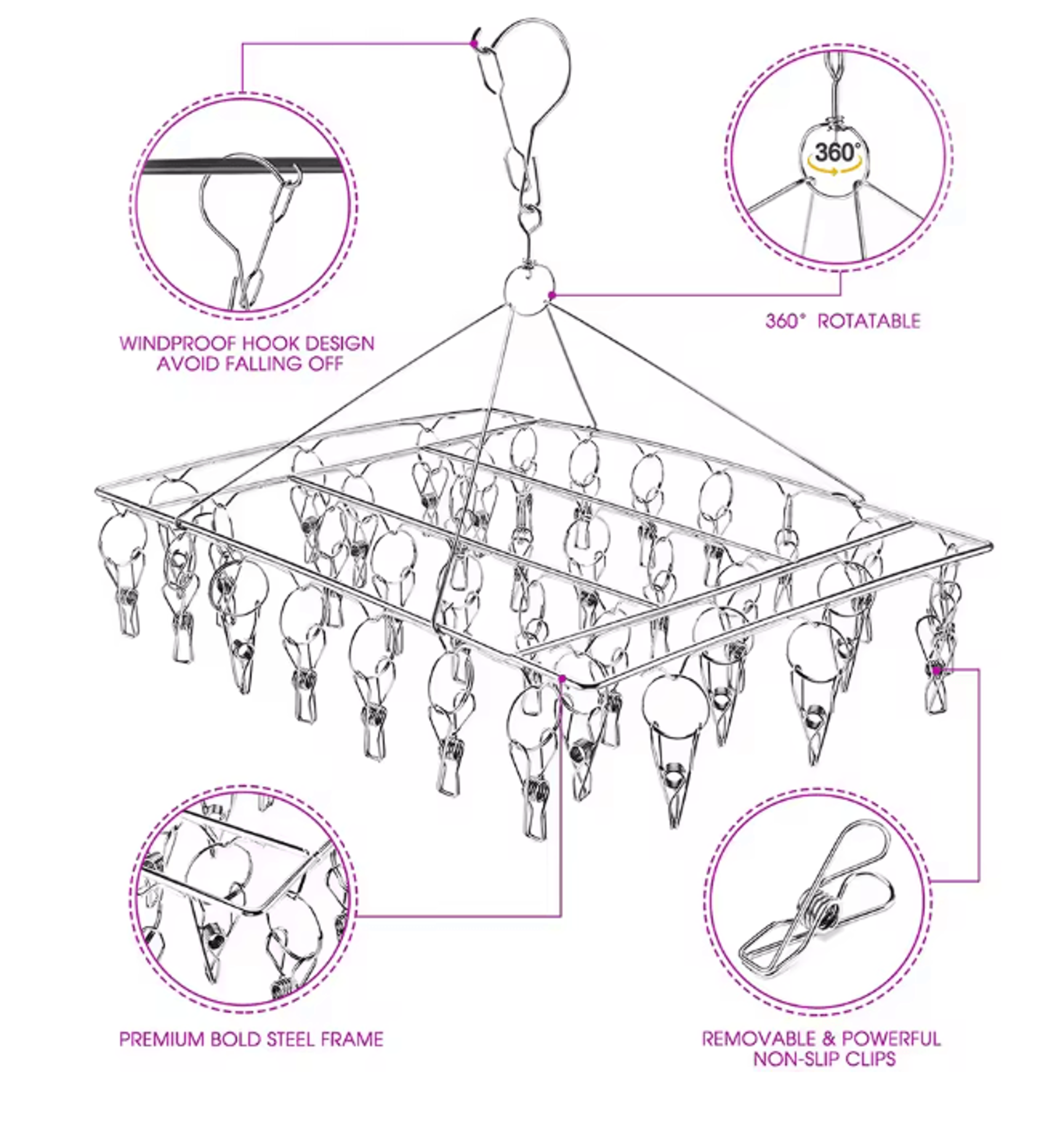 SpinDry Stainless Steel Sock Drying Rack With Windproof Clips 3