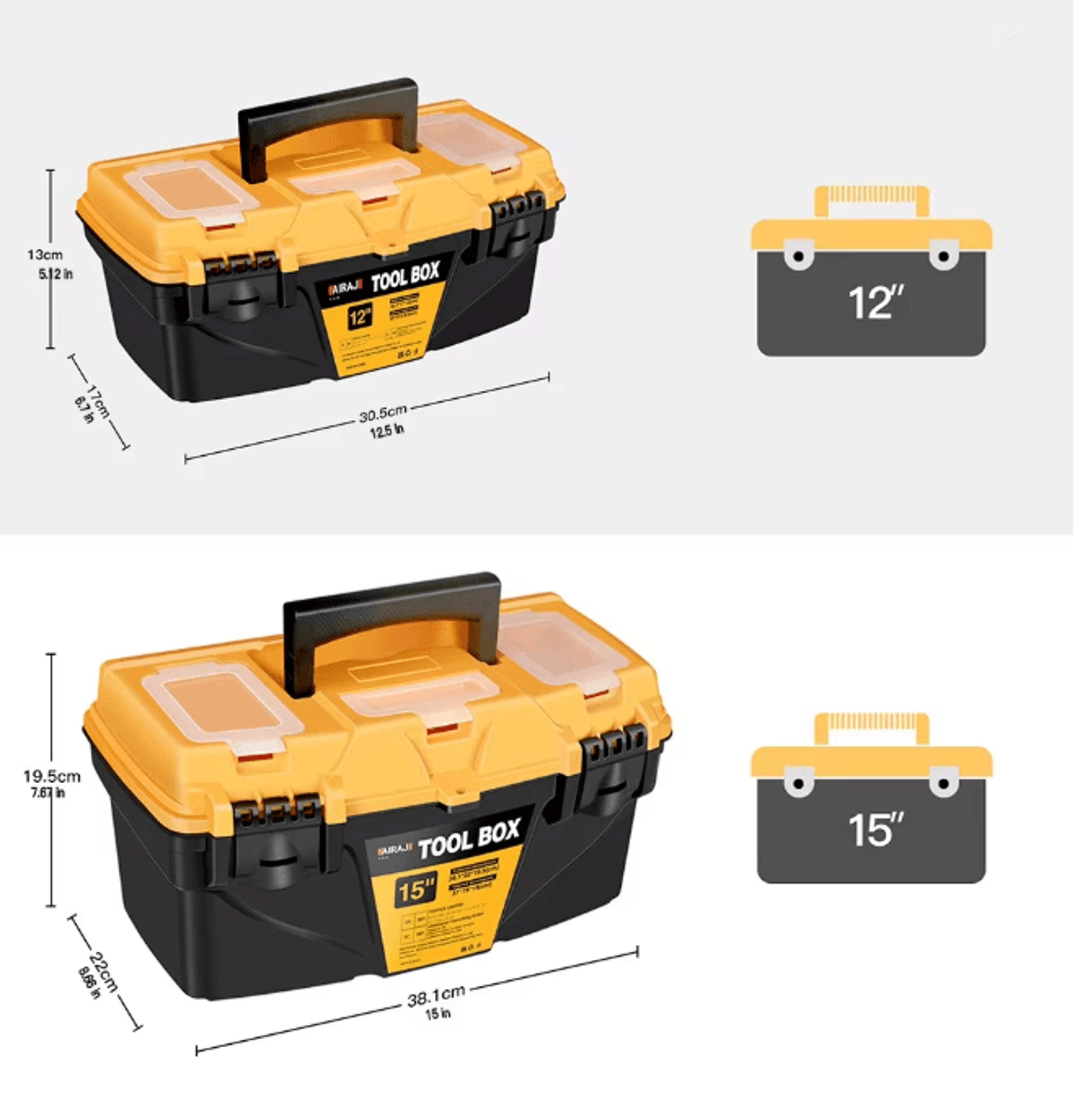 AIRAJ Heavy Duty Plastic Tool Box 12 Or 15 Inch Portable Hardware Storage Case 1