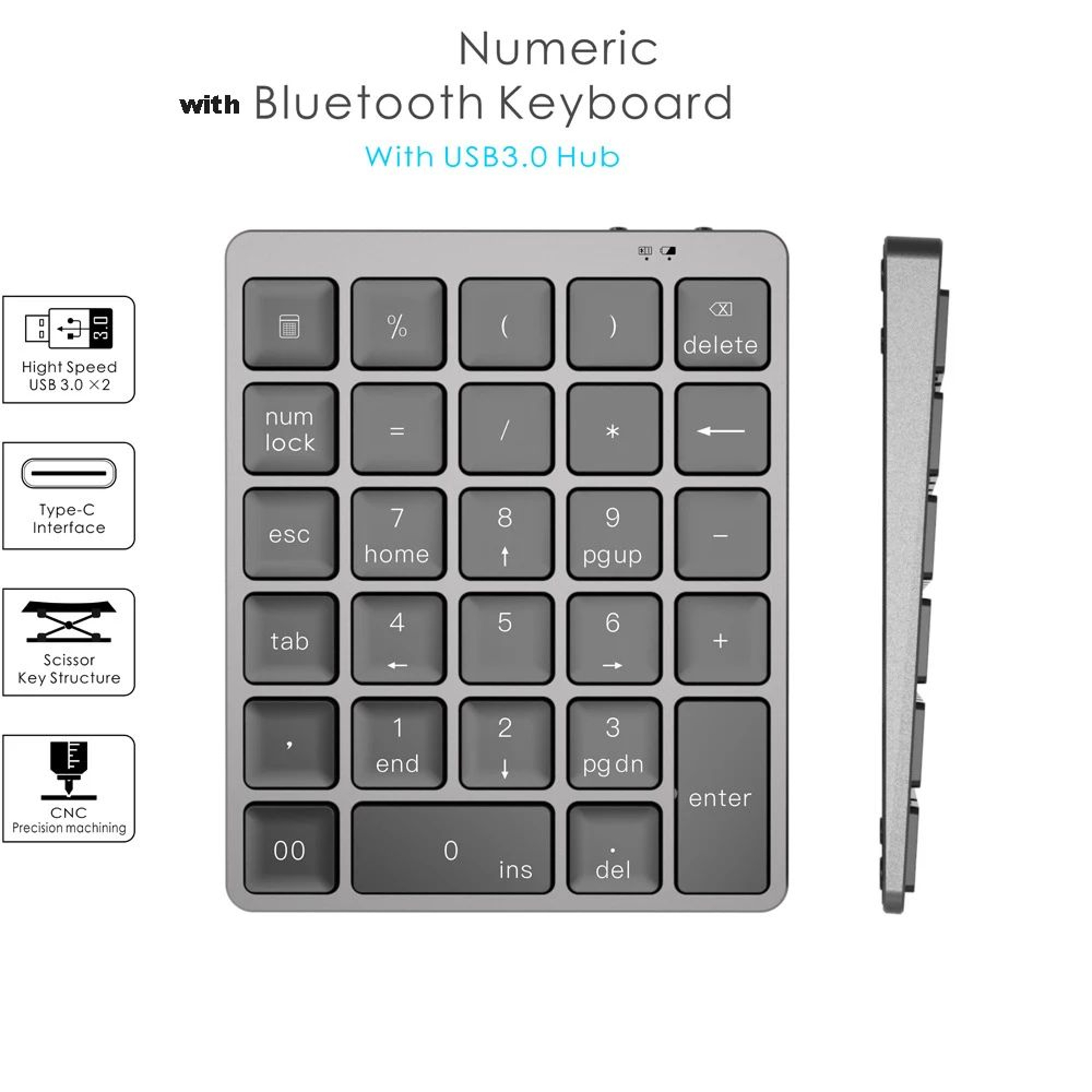 Aluminum Bluetooth Numeric Keypad With USB Hub For Laptop Tablet And Desktop 1