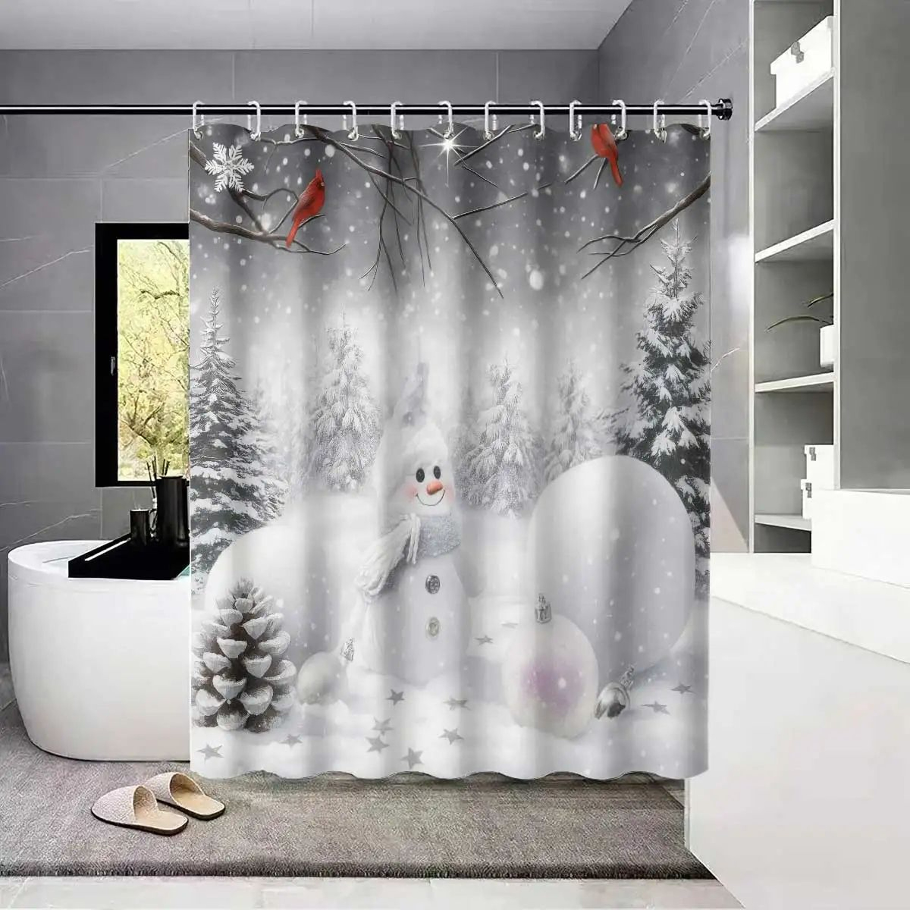 Christmas Snowman Shower Curtain Waterproof Holiday Bathroom Curtain Decor 0