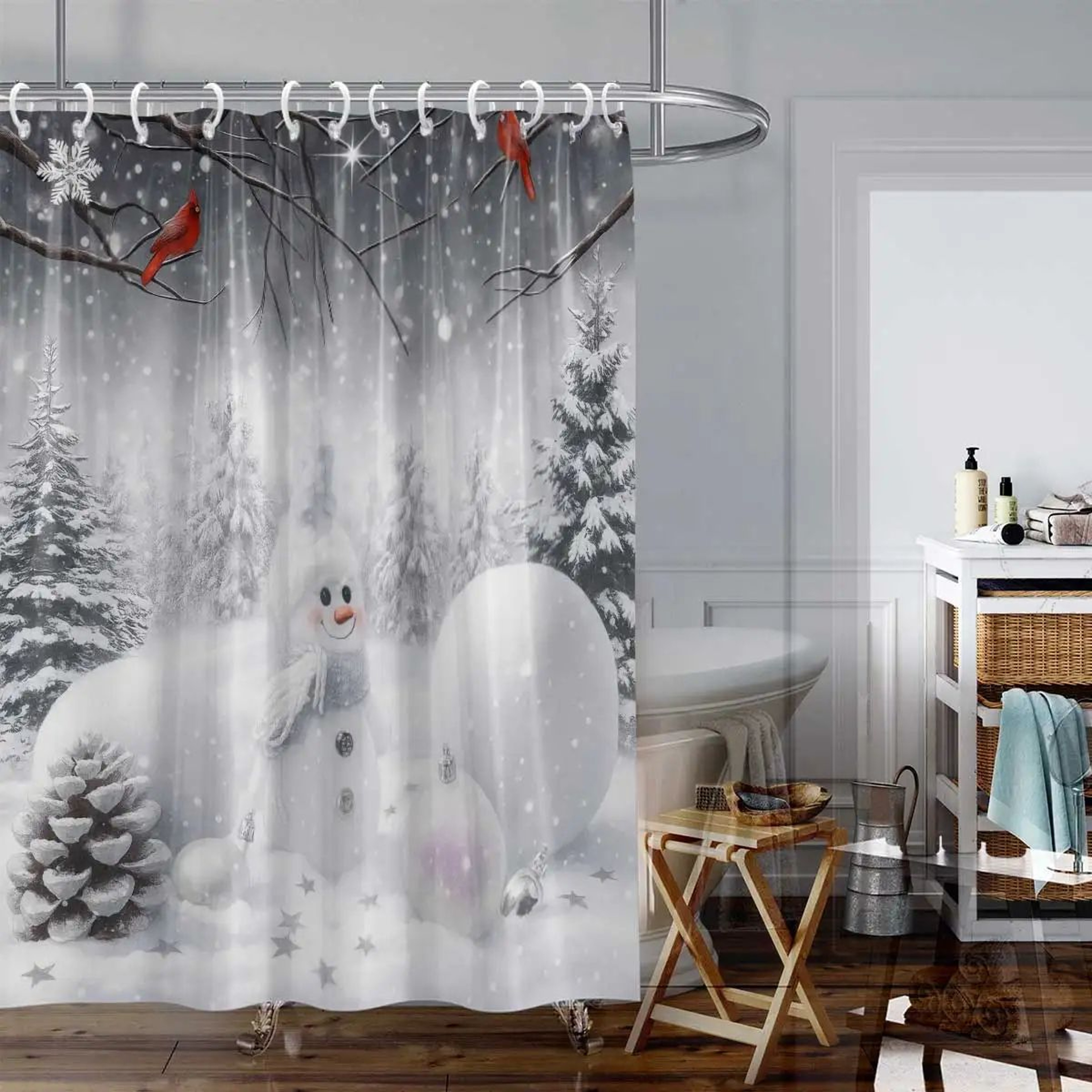Christmas Snowman Shower Curtain Waterproof Holiday Bathroom Curtain Decor 2