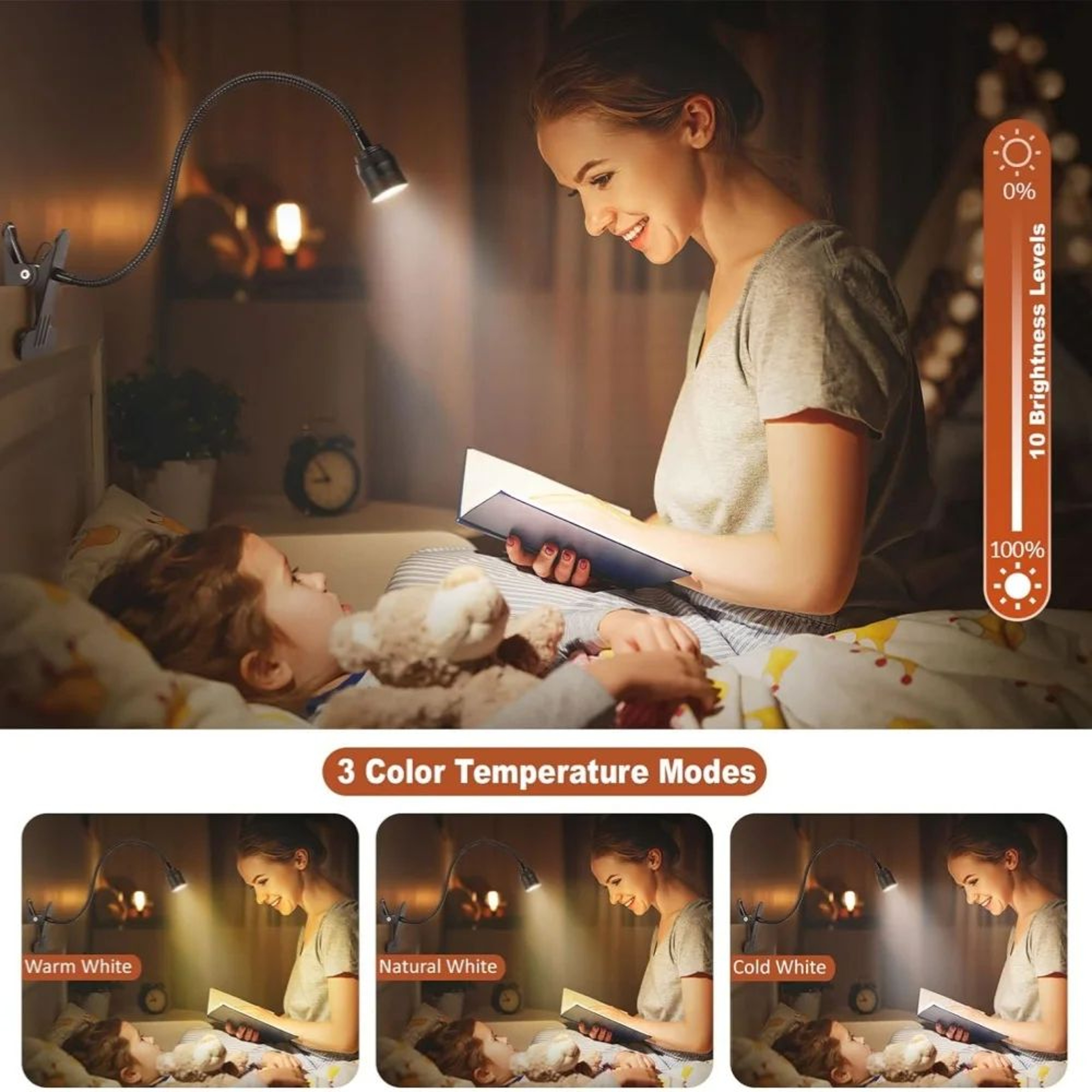 USB Clip On LED Reading Light Flexible Book Lamp With Adjustable Brightness 4