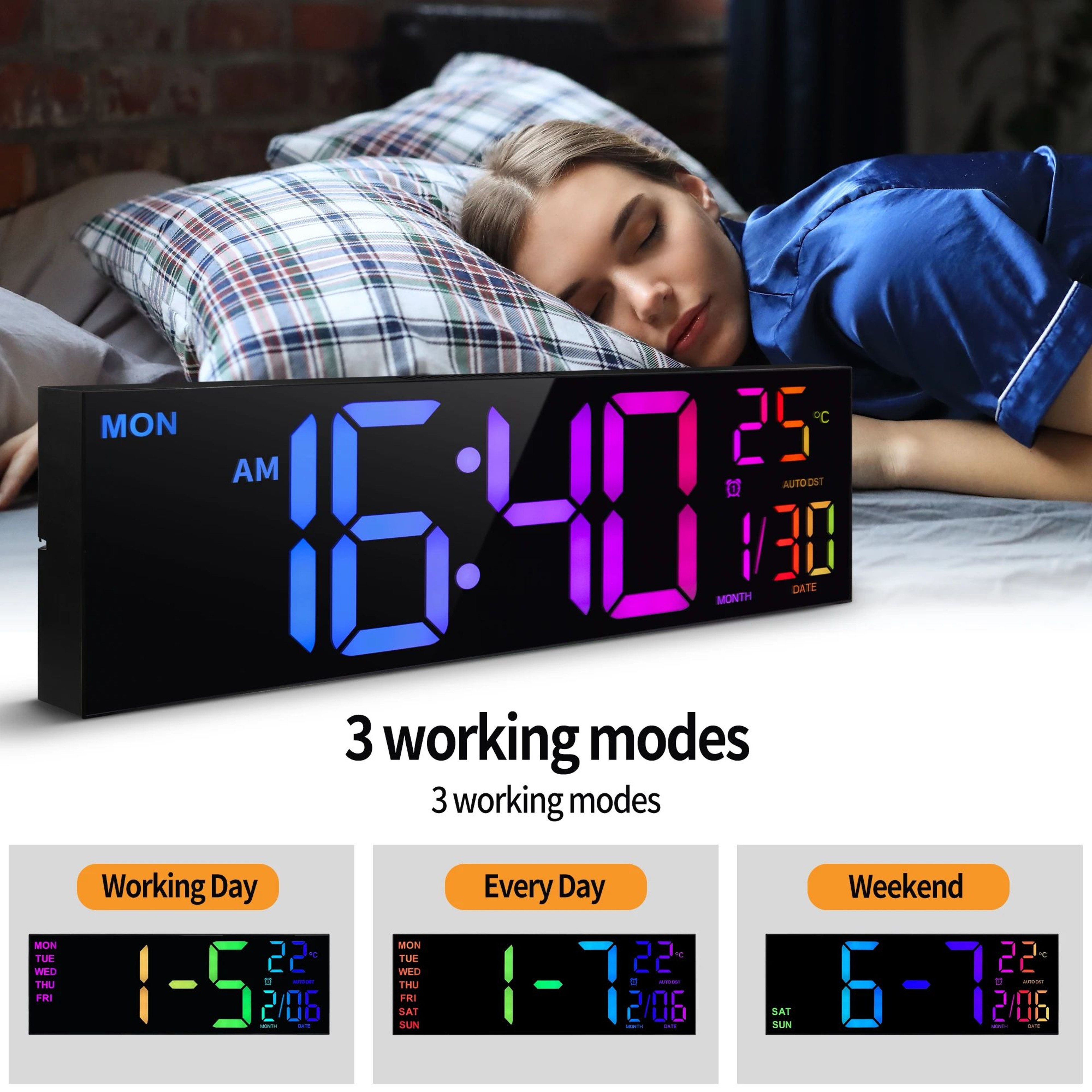 Large LED Digital Wall Clock With RGB Display Remote Control Alarm And Temperature 4