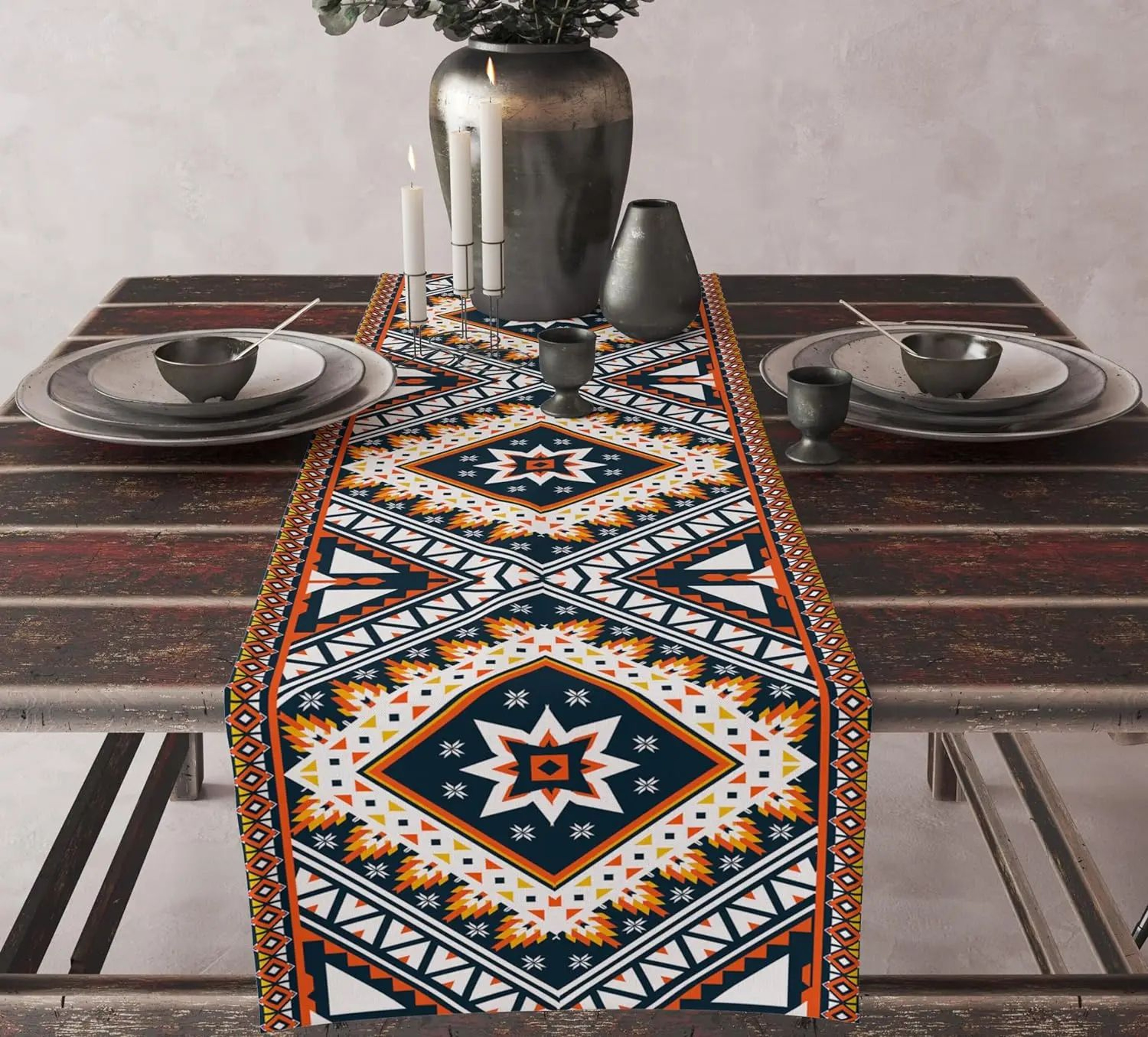 Aztec Boho Linen Table Runner Geometric Tribal Dining Table Decor 7