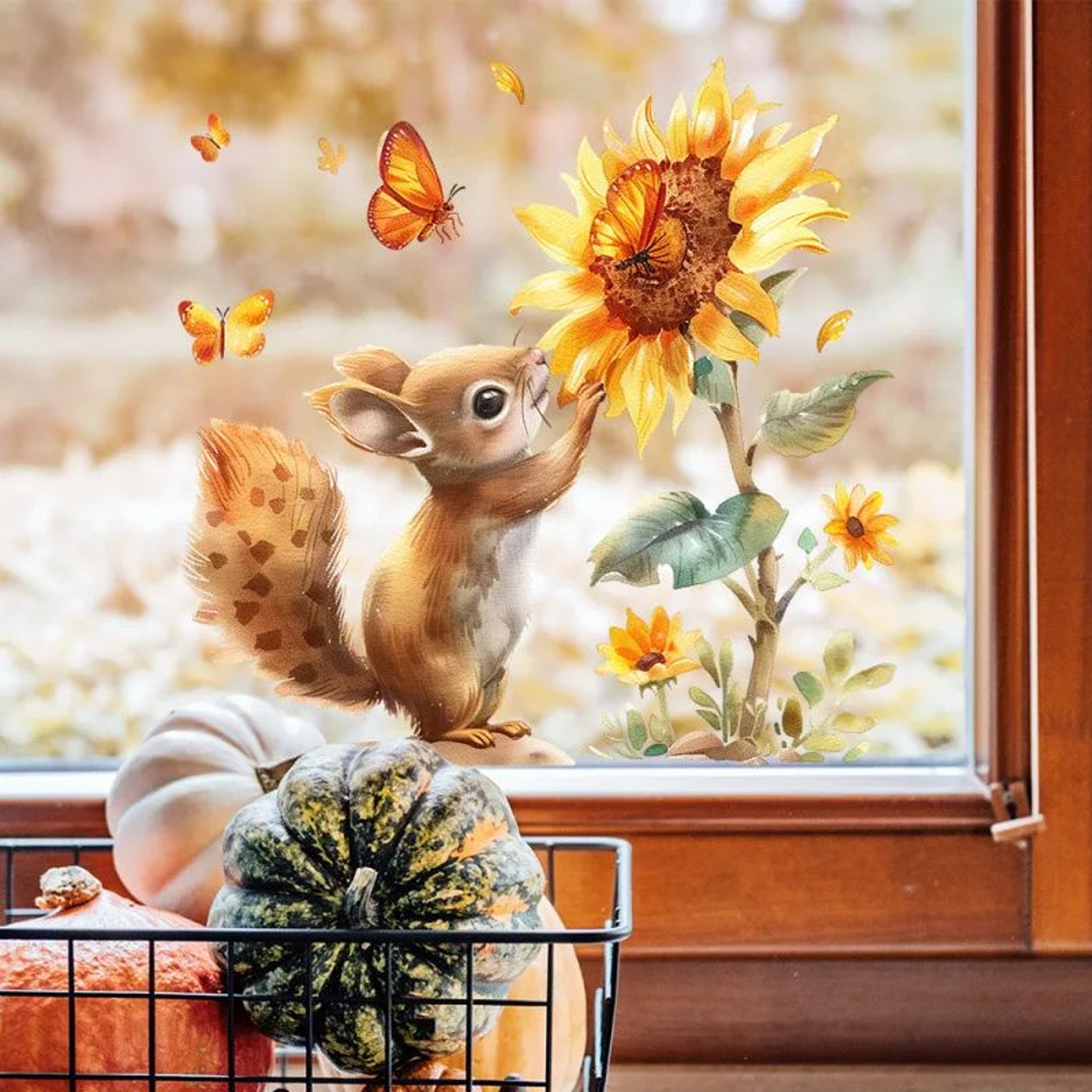 Rustic Squirrel Sunflower Window Wall Decal Watercolor Animal Decor 1