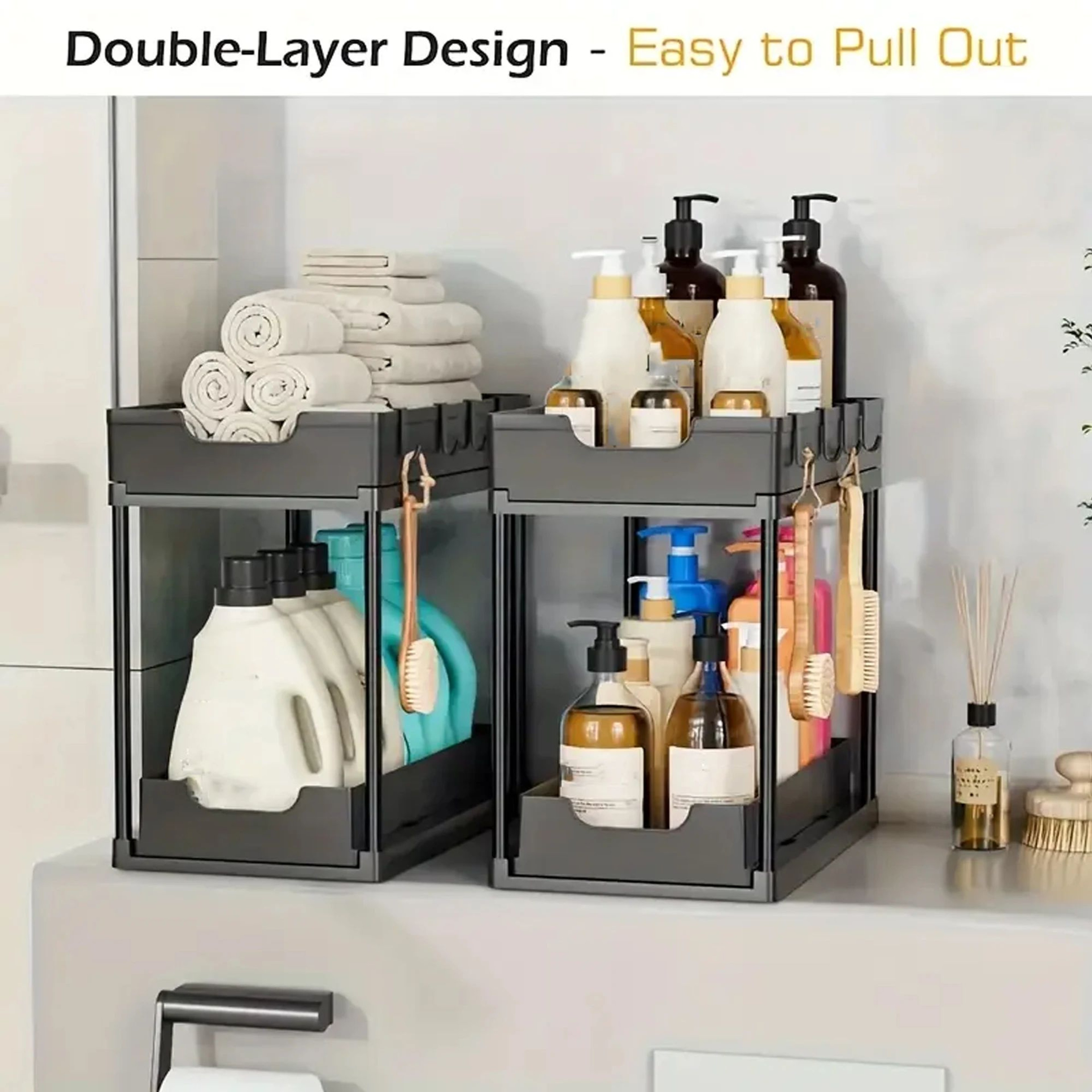 Under Sink Organizer Pull Out Storage Rack Double Layer Kitchen Bathroom Shelf 4