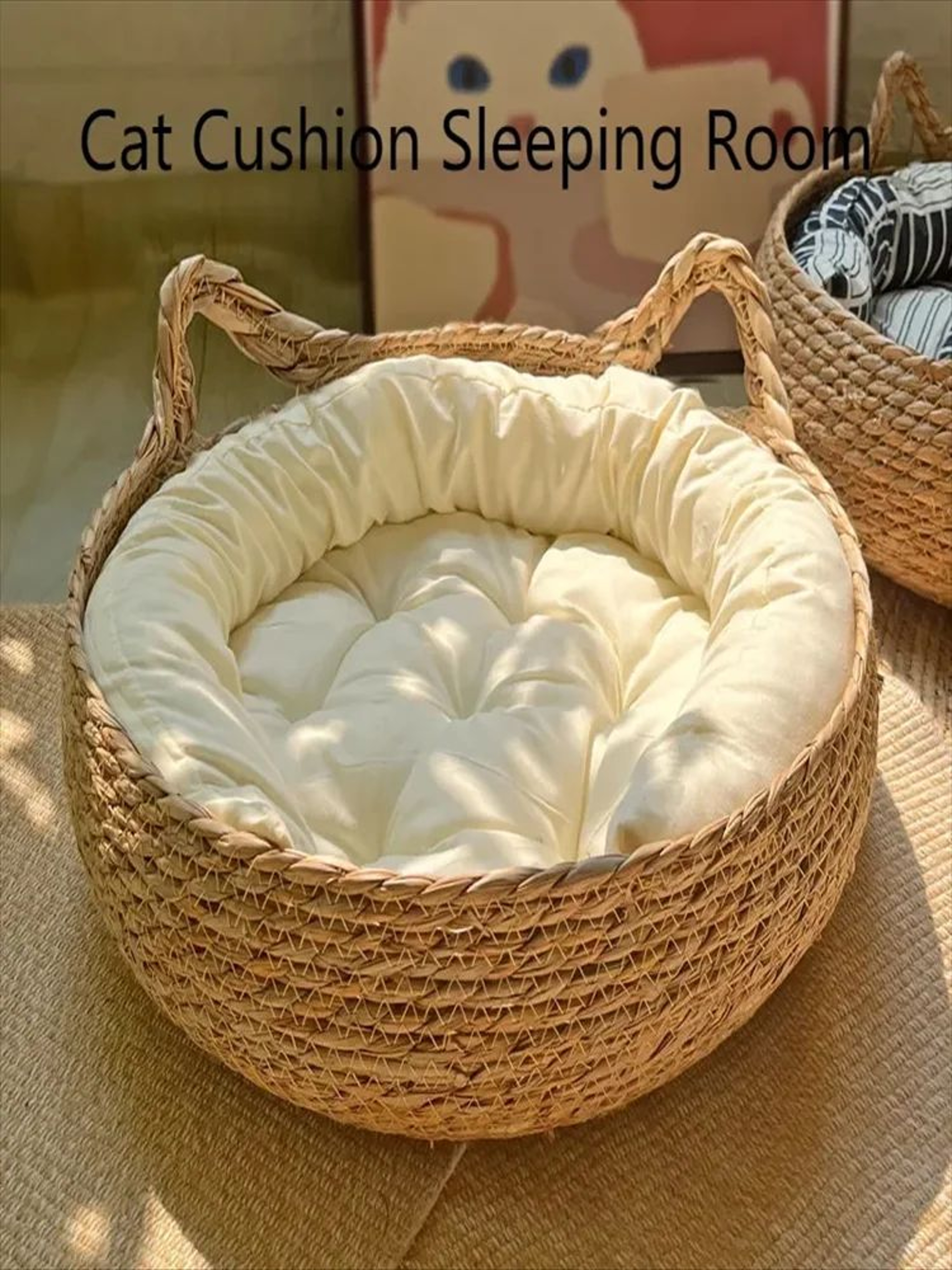 Handwoven Rattan Cat Bed Cozy All Season Pet Nest With Washable Cushion 2
