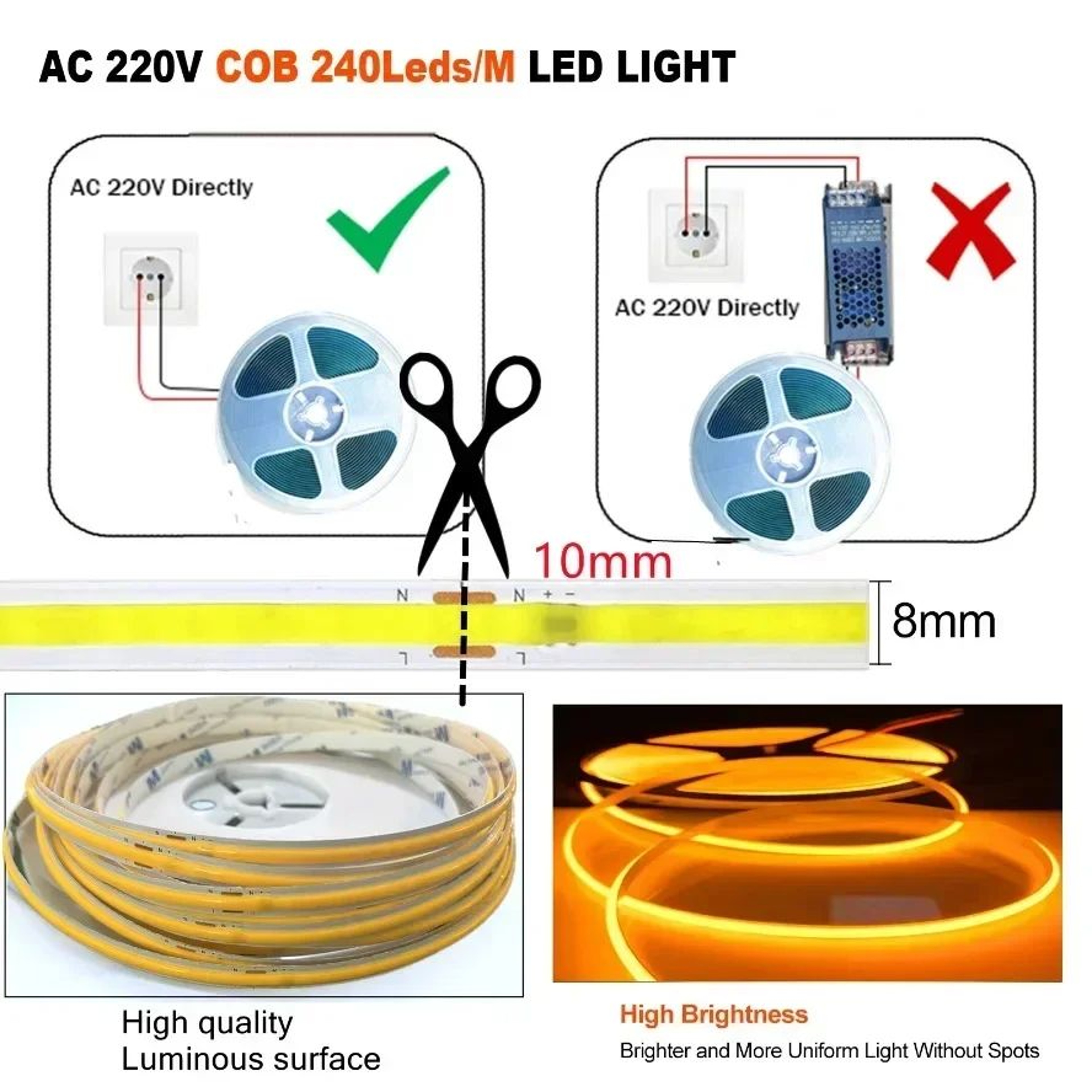 High Brightness 220V COB LED Strip Light 4