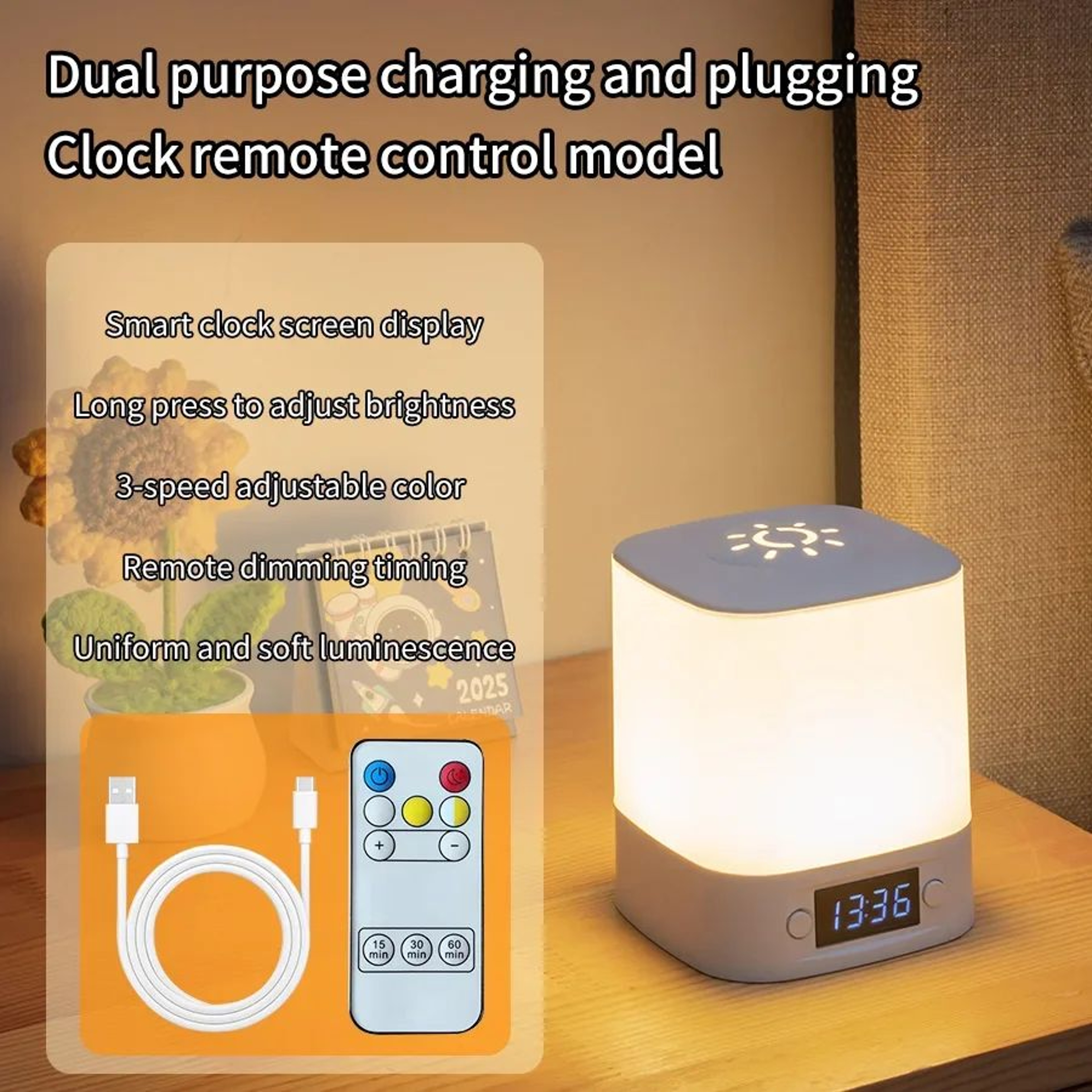 Rechargeable Dimmable LED Bedside Lamp With Clock 8