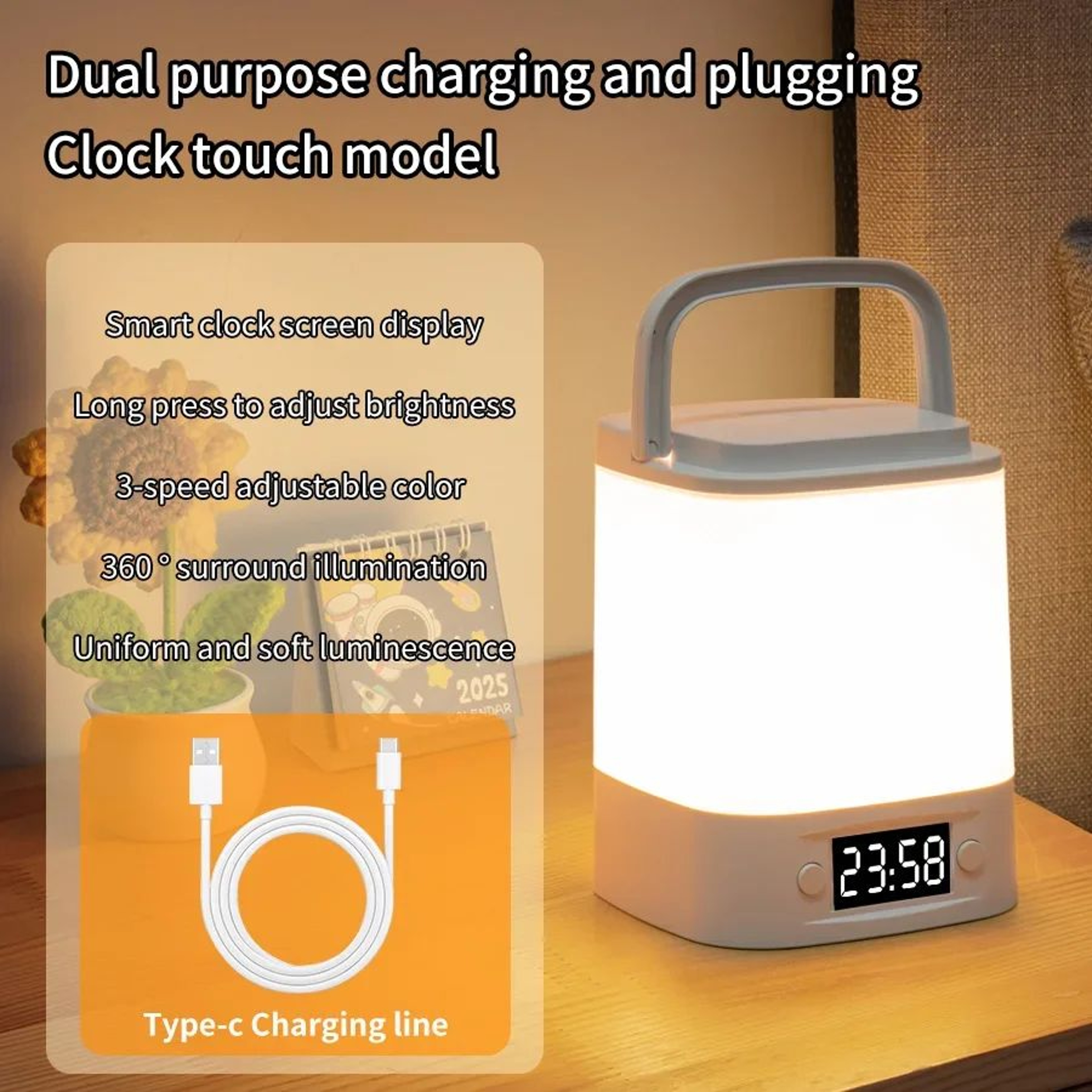 Rechargeable Dimmable LED Bedside Lamp With Clock 7