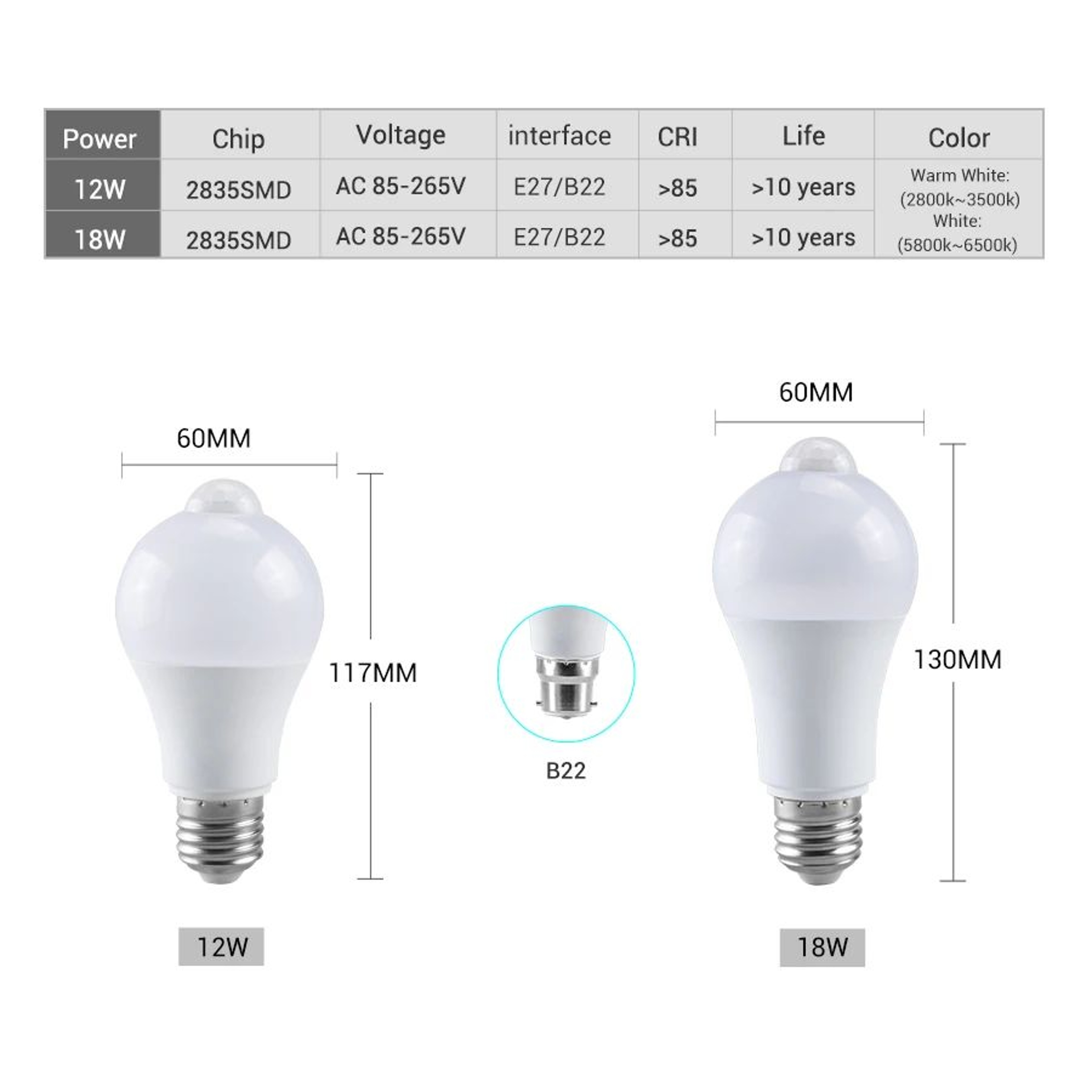 PIR Motion Sensor LED Light Bulb 12W 18W 1