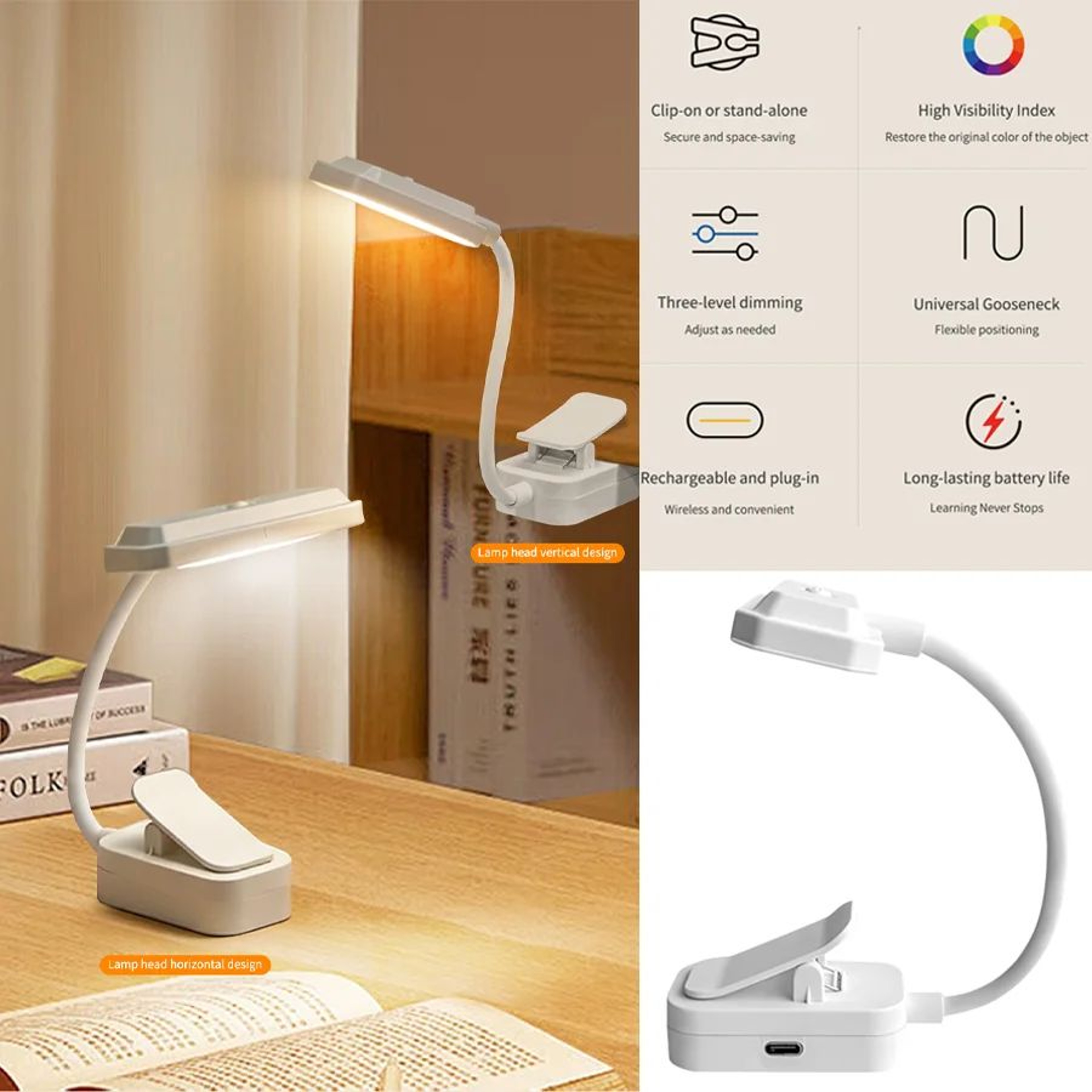 Dimmable LED Clip On Reading Lamp With 360 Degree Gooseneck 0