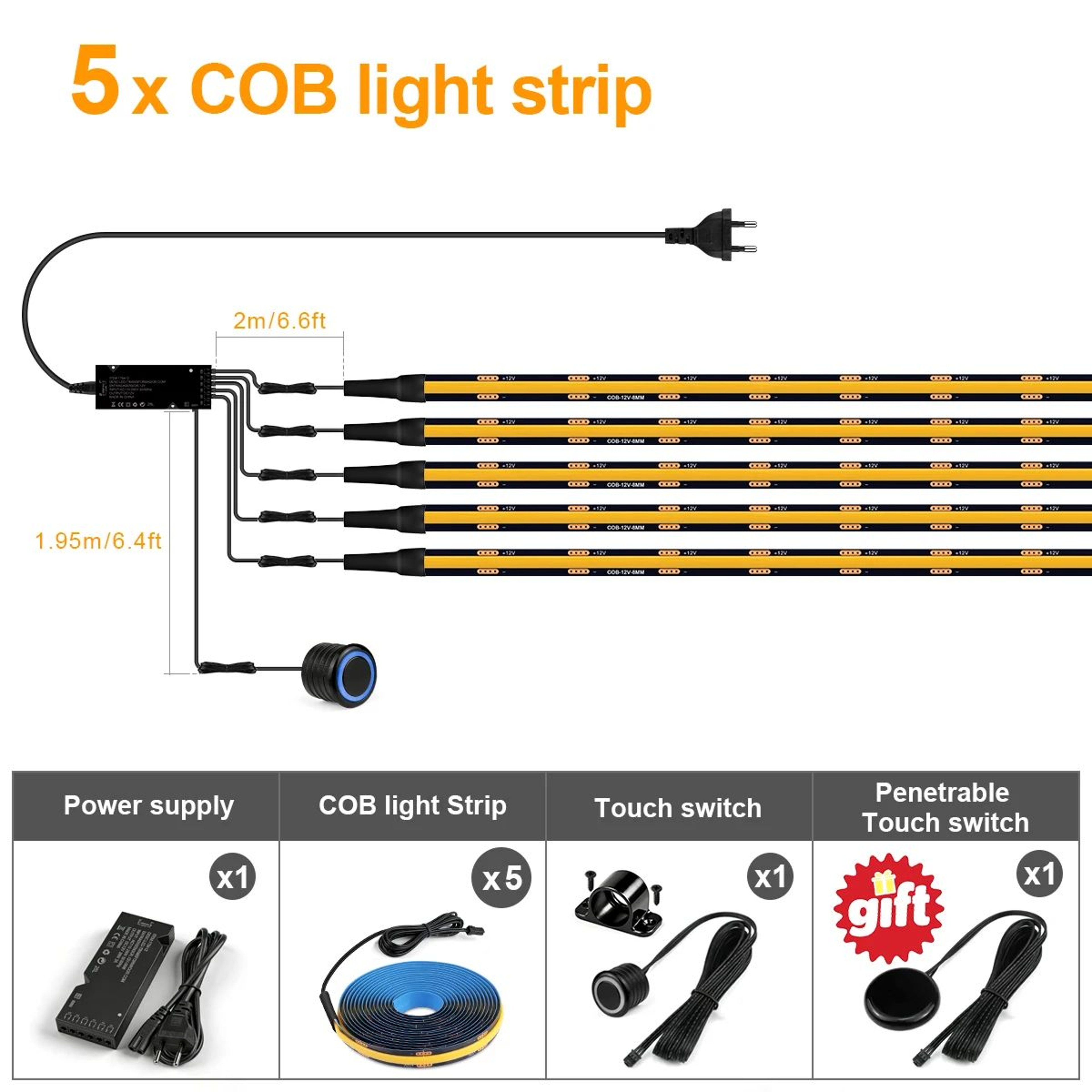 COB LED Wardrobe Light Kit With Hidden Touch Dimmer 10