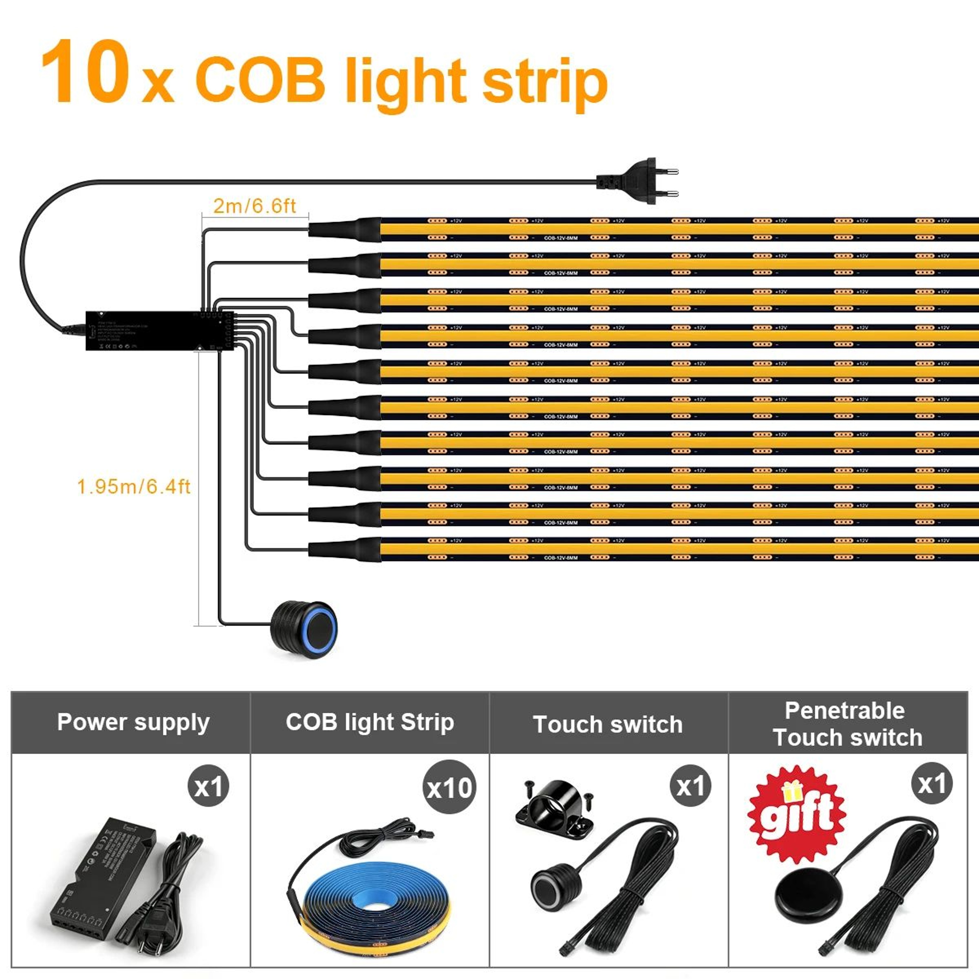 COB LED Wardrobe Light Kit With Hidden Touch Dimmer 12