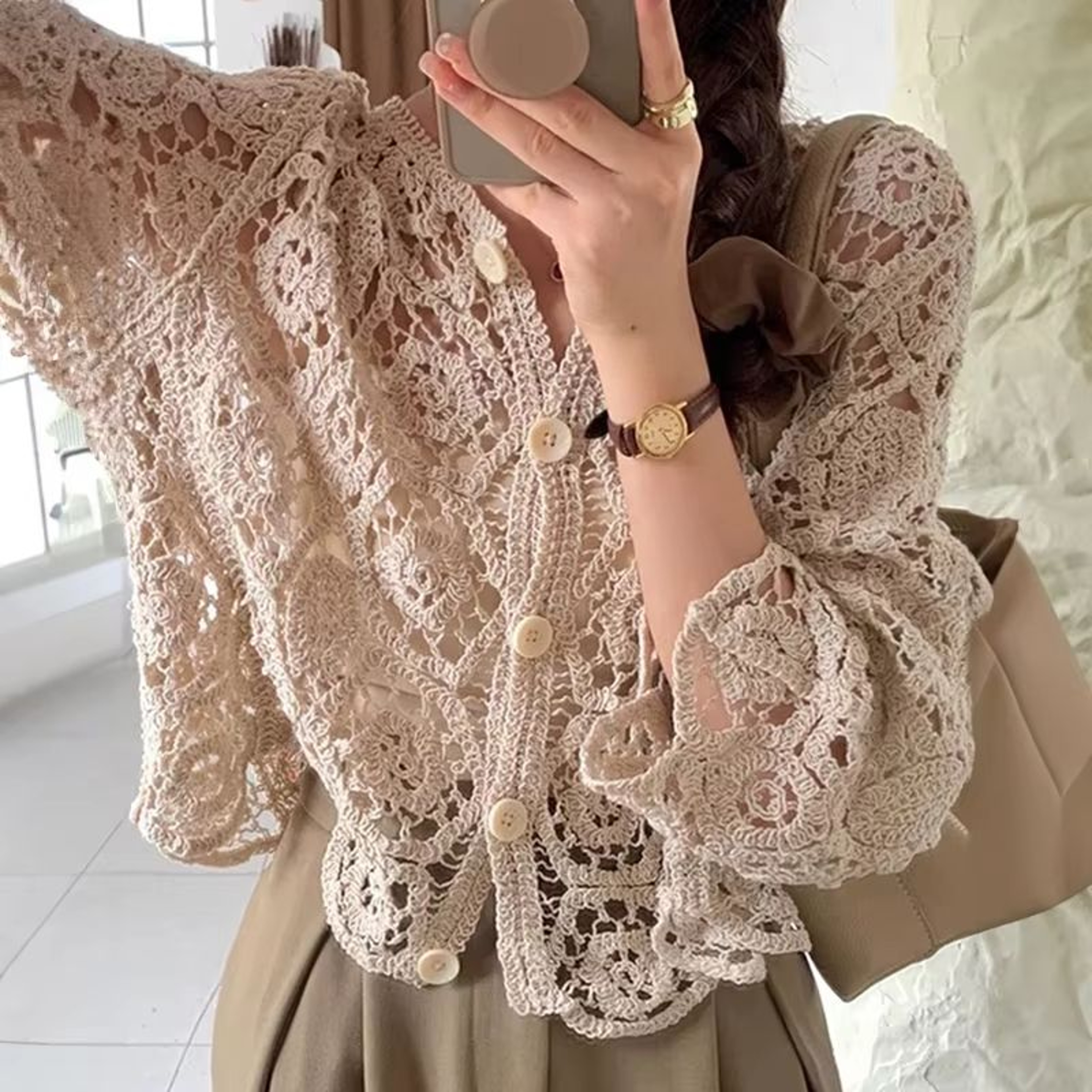 Elegant Crochet Knit ButtonUp Cardigan Beach Cover Up 0